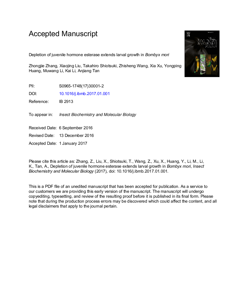 Depletion of juvenile hormone esterase extends larval growth in Bombyx mori