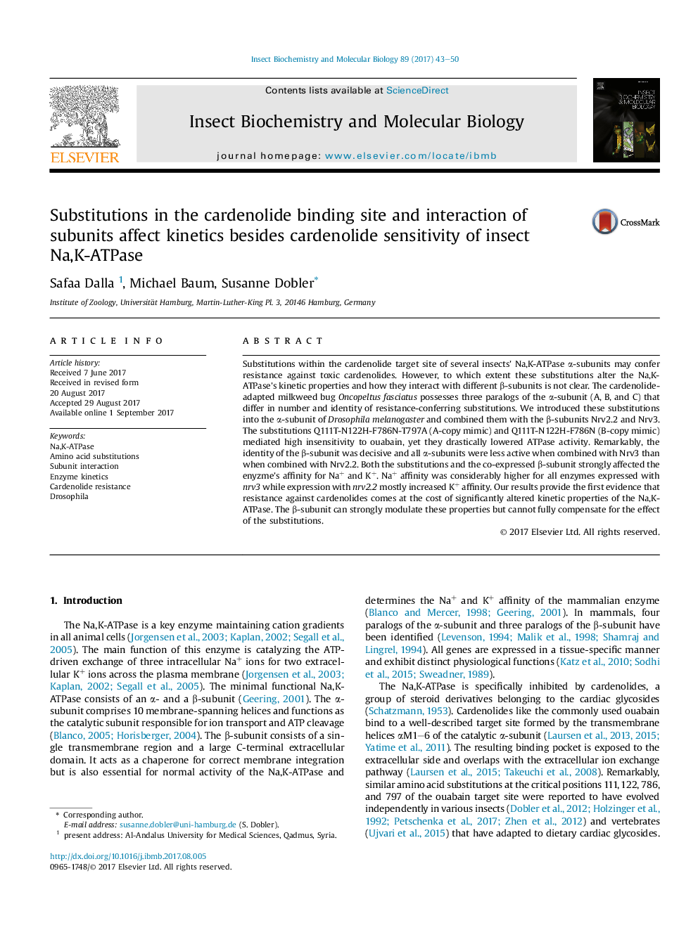 Substitutions in the cardenolide binding site and interaction of subunits affect kinetics besides cardenolide sensitivity of insect Na,K-ATPase