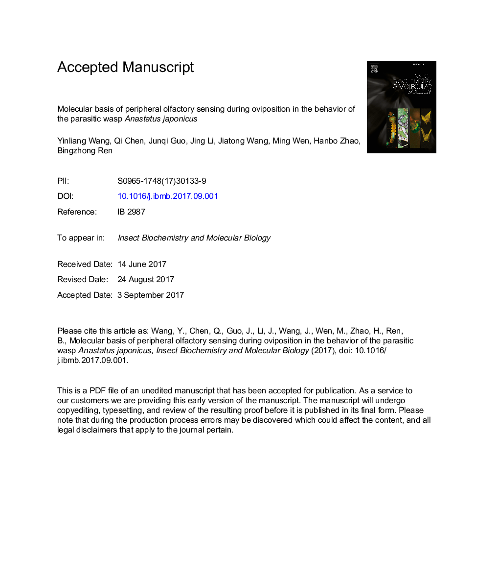 Molecular basis of peripheral olfactory sensing during oviposition in the behavior of the parasitic wasp Anastatus japonicus