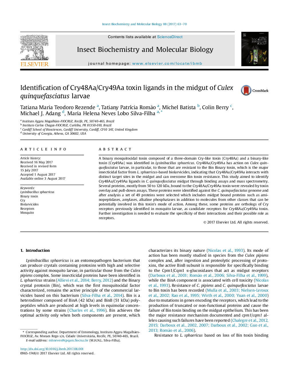 Identification of Cry48Aa/Cry49Aa toxin ligands in the midgut of Culex quinquefasciatus larvae