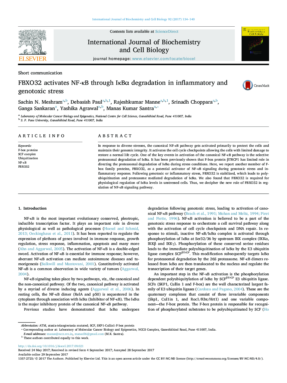 FBXO32 activates NF-ÎºB through IÎºBÎ± degradation in inflammatory and genotoxic stress