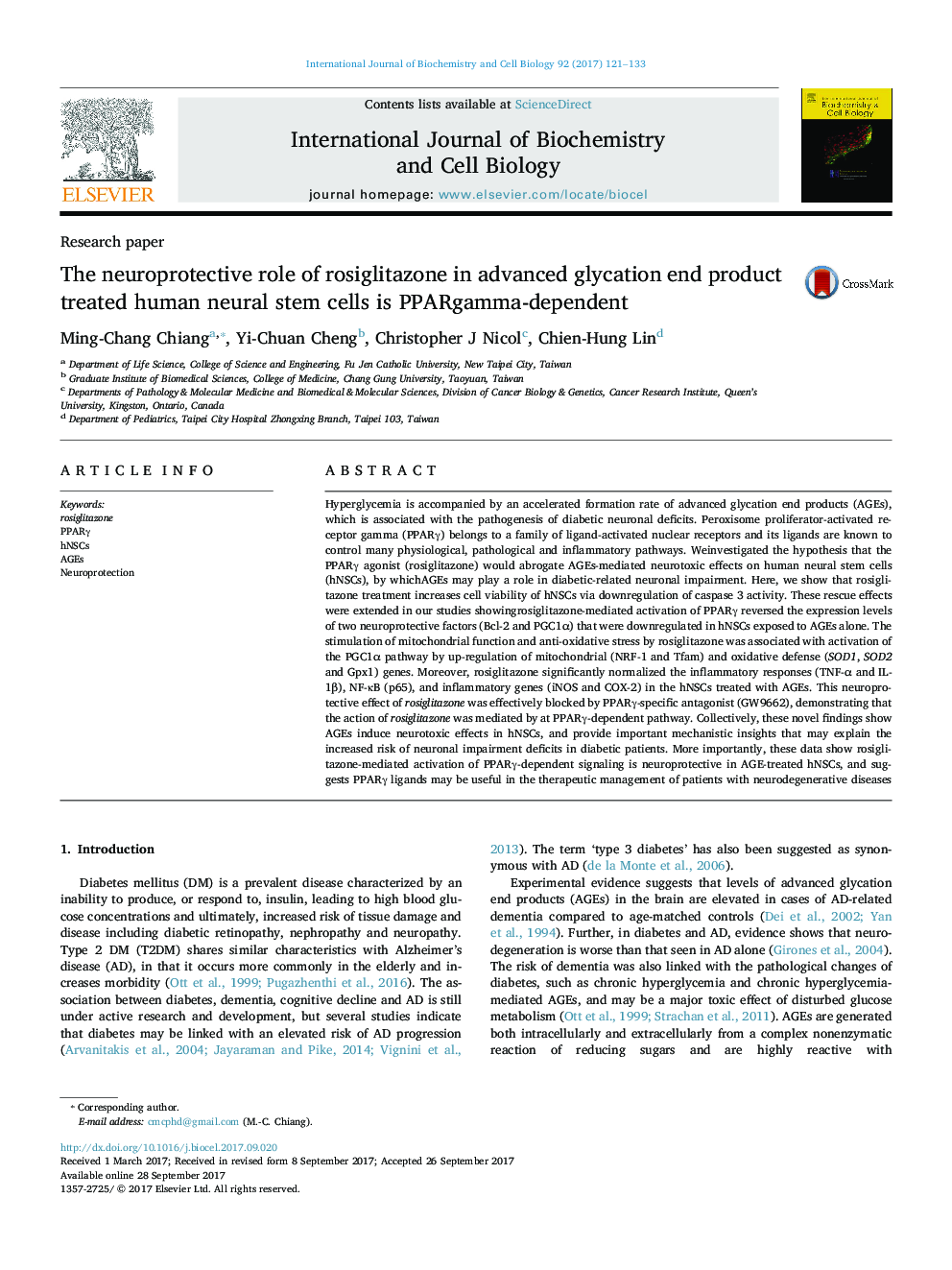 Research paperThe neuroprotective role of rosiglitazone in advanced glycation end product treated human neural stem cells is PPARgamma-dependent