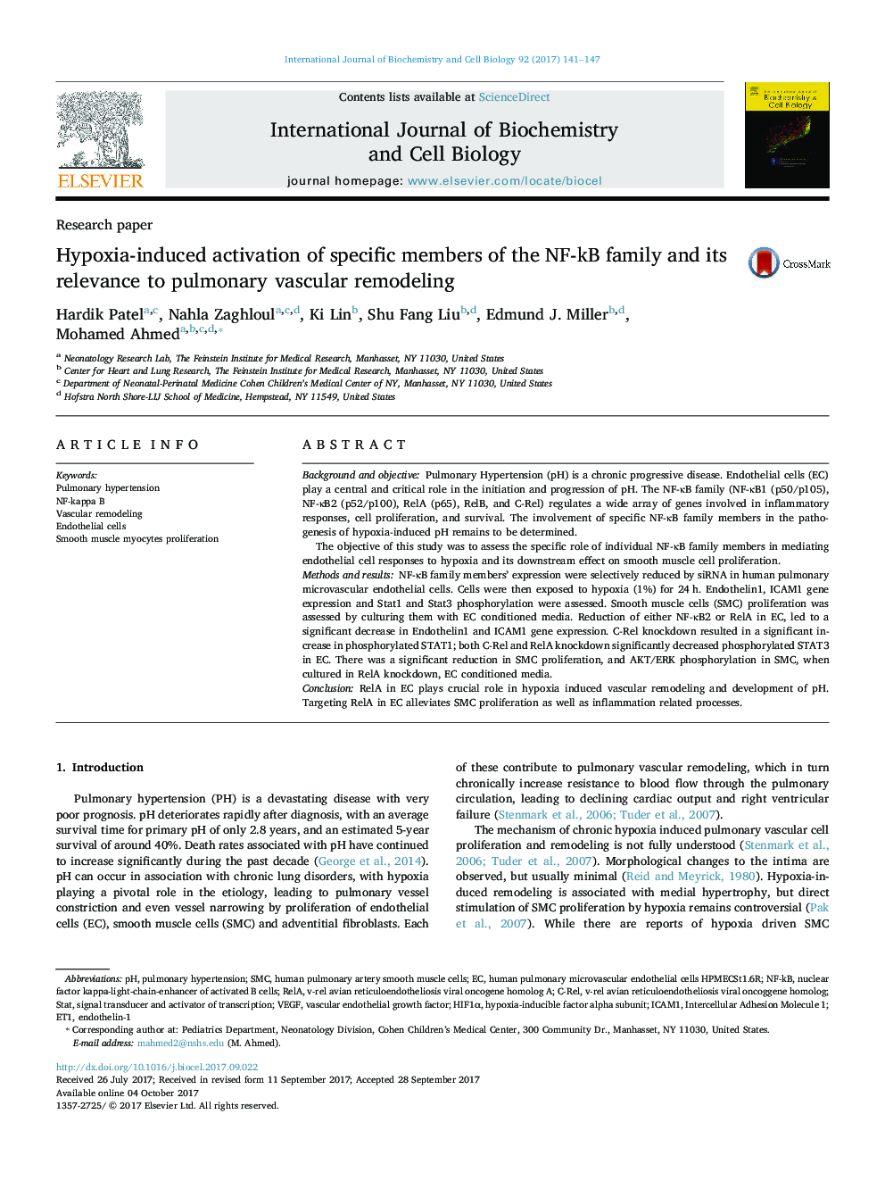 Hypoxia-induced activation of specific members of the NF-kB family and its relevance to pulmonary vascular remodeling