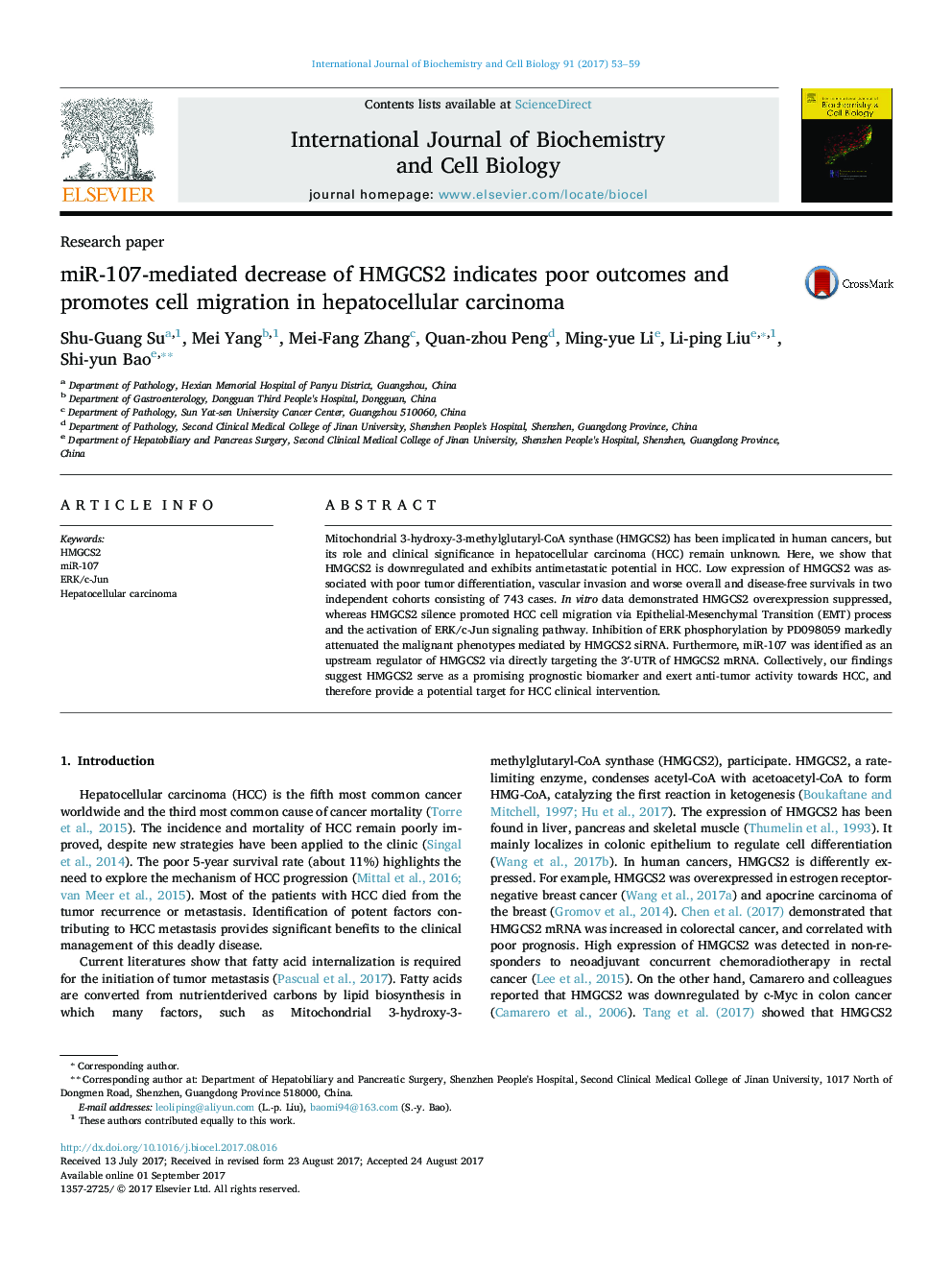 Research papermiR-107-mediated decrease of HMGCS2 indicates poor outcomes and promotes cell migration in hepatocellular carcinoma