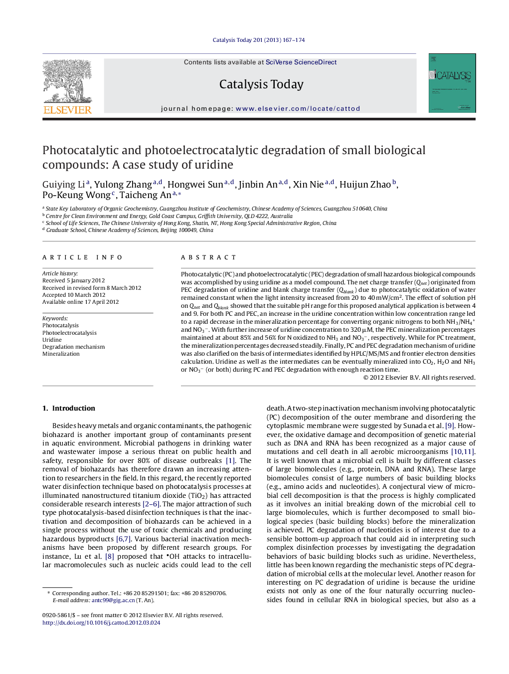 Photocatalytic and photoelectrocatalytic degradation of small biological compounds: A case study of uridine