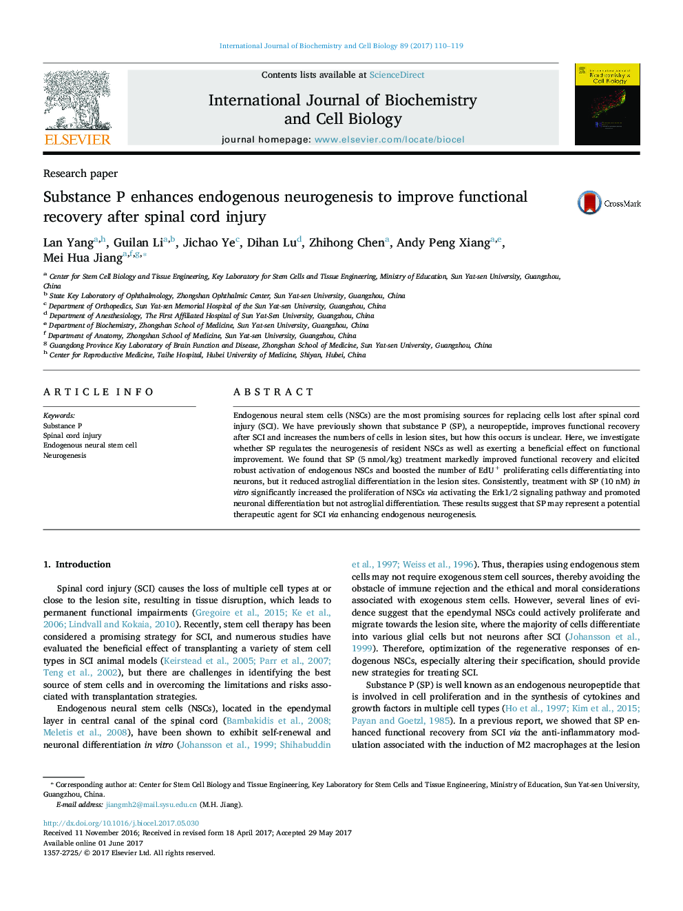 Research paperSubstance P enhances endogenous neurogenesis to improve functional recovery after spinal cord injury