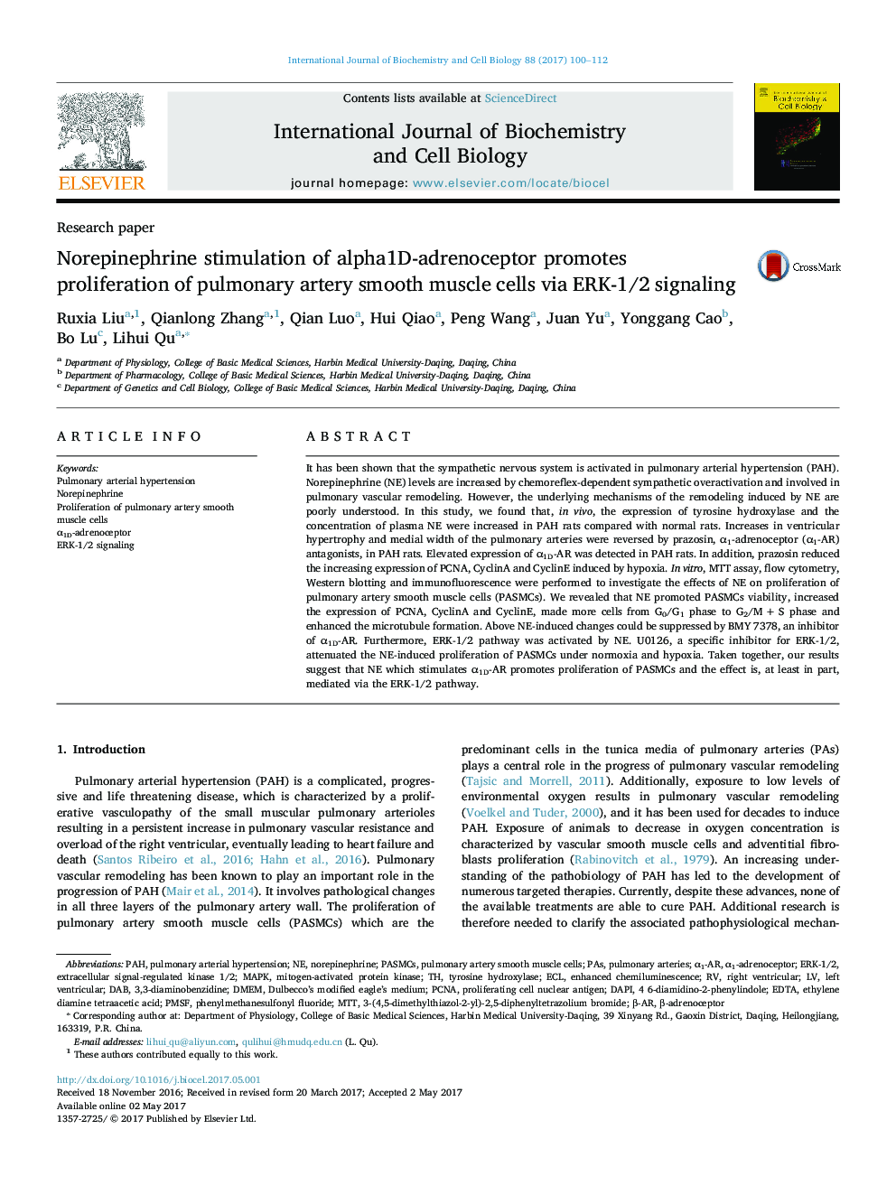 Research paperNorepinephrine stimulation of alpha1D-adrenoceptor promotes proliferation of pulmonary artery smooth muscle cells via ERK-1/2 signaling