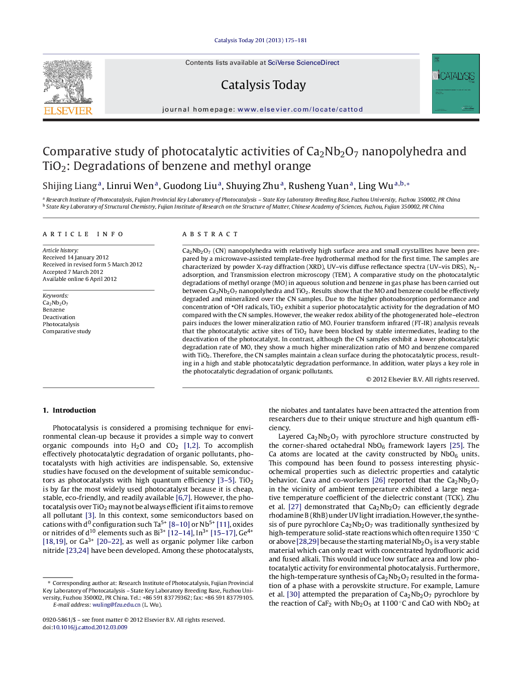 Comparative study of photocatalytic activities of Ca2Nb2O7 nanopolyhedra and TiO2: Degradations of benzene and methyl orange