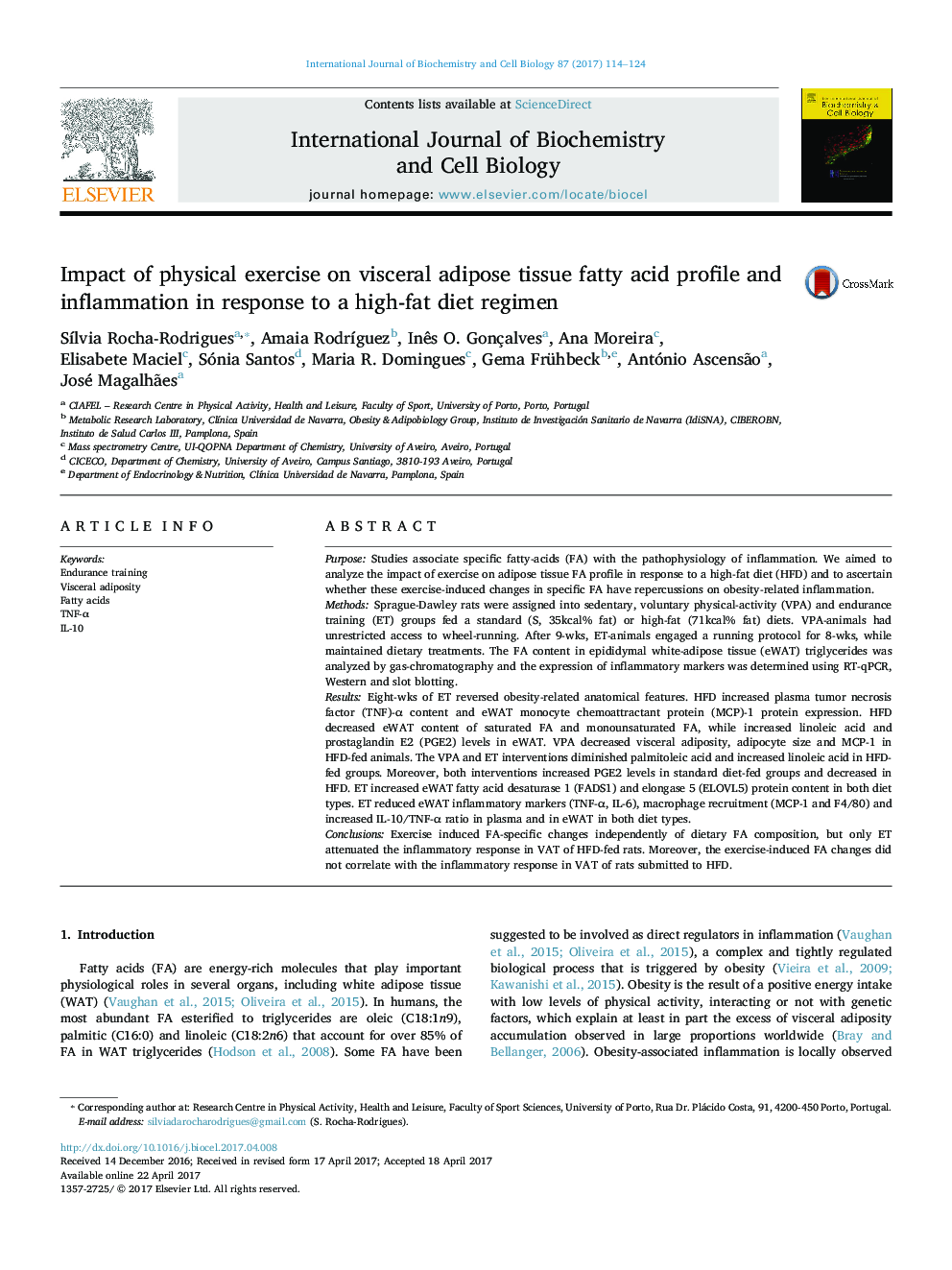 Impact of physical exercise on visceral adipose tissue fatty acid profile and inflammation in response to a high-fat diet regimen