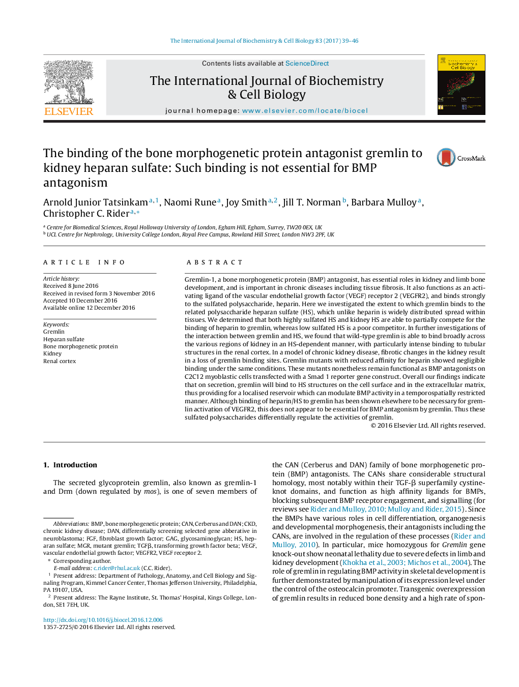 The binding of the bone morphogenetic protein antagonist gremlin to kidney heparan sulfate: Such binding is not essential for BMP antagonism