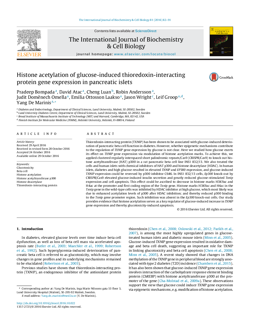 Histone acetylation of glucose-induced thioredoxin-interacting protein gene expression in pancreatic islets