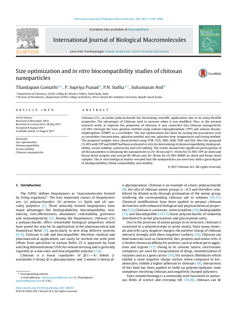 Size optimization and in vitro biocompatibility studies of chitosan nanoparticles