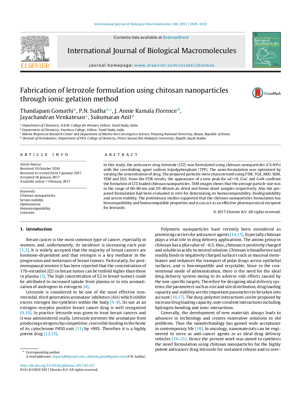 Fabrication of letrozole formulation using chitosan nanoparticles through ionic gelation method