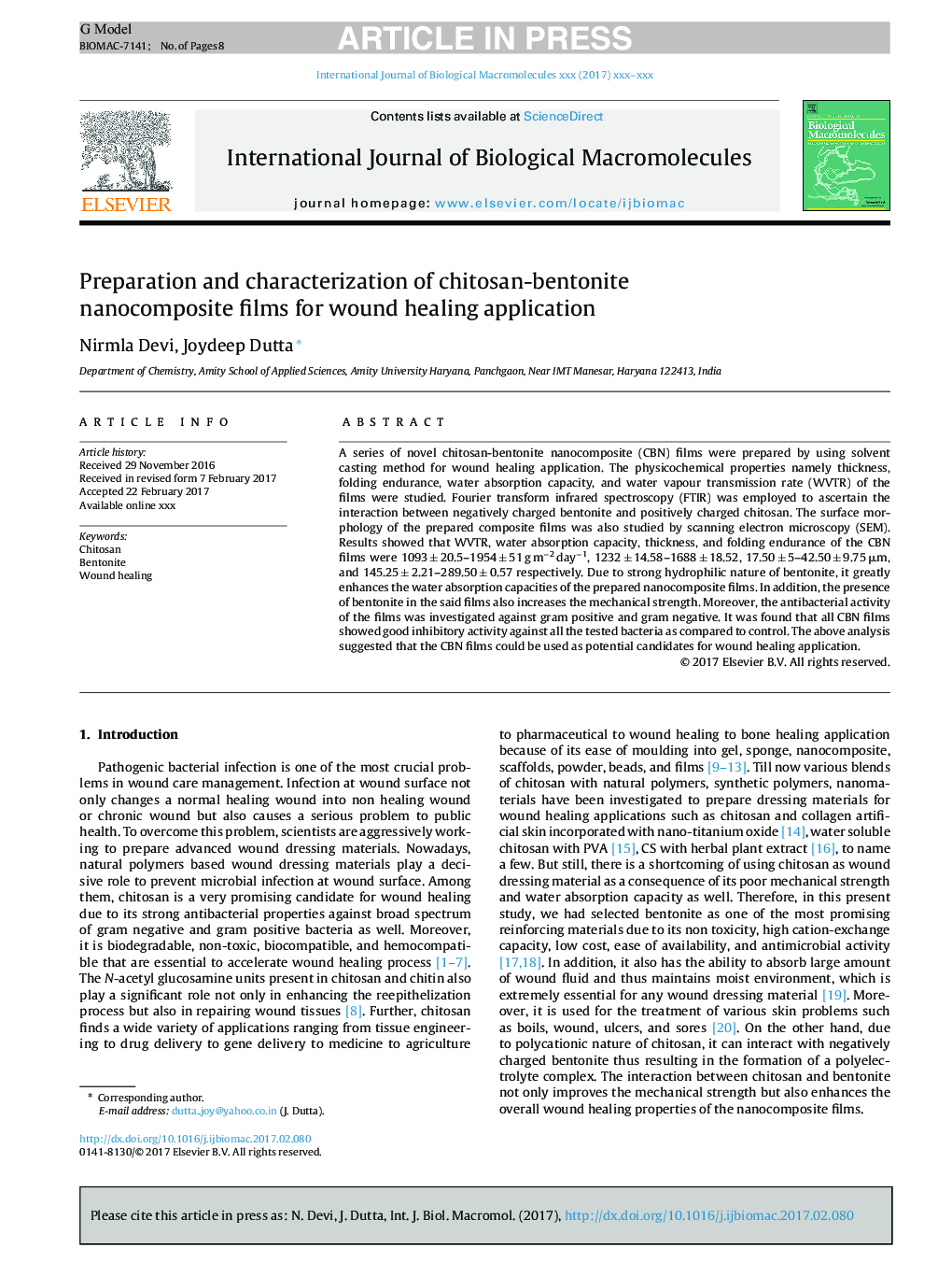 Preparation and characterization of chitosan-bentonite nanocomposite films for wound healing application