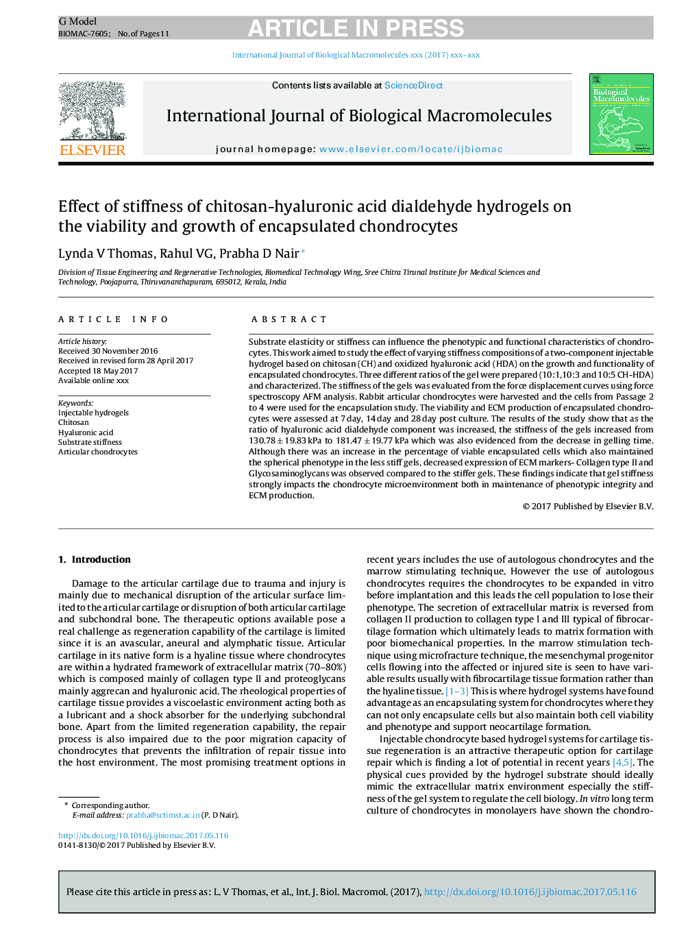 Effect of stiffness of chitosan-hyaluronic acid dialdehyde hydrogels on the viability and growth of encapsulated chondrocytes