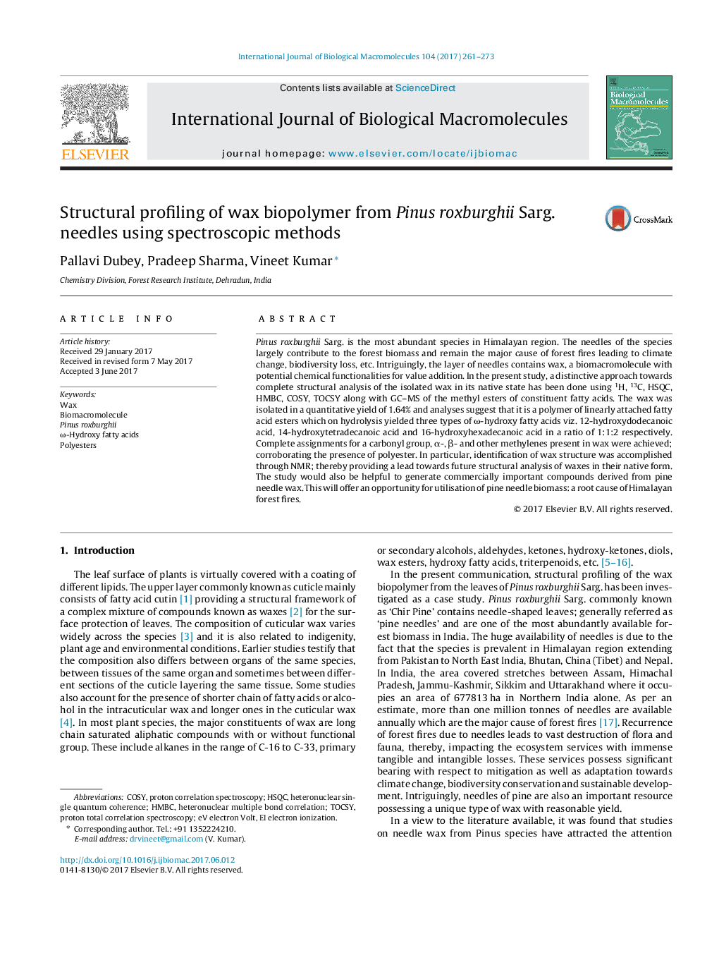 Structural profiling of wax biopolymer from Pinus roxburghii Sarg. needles using spectroscopic methods