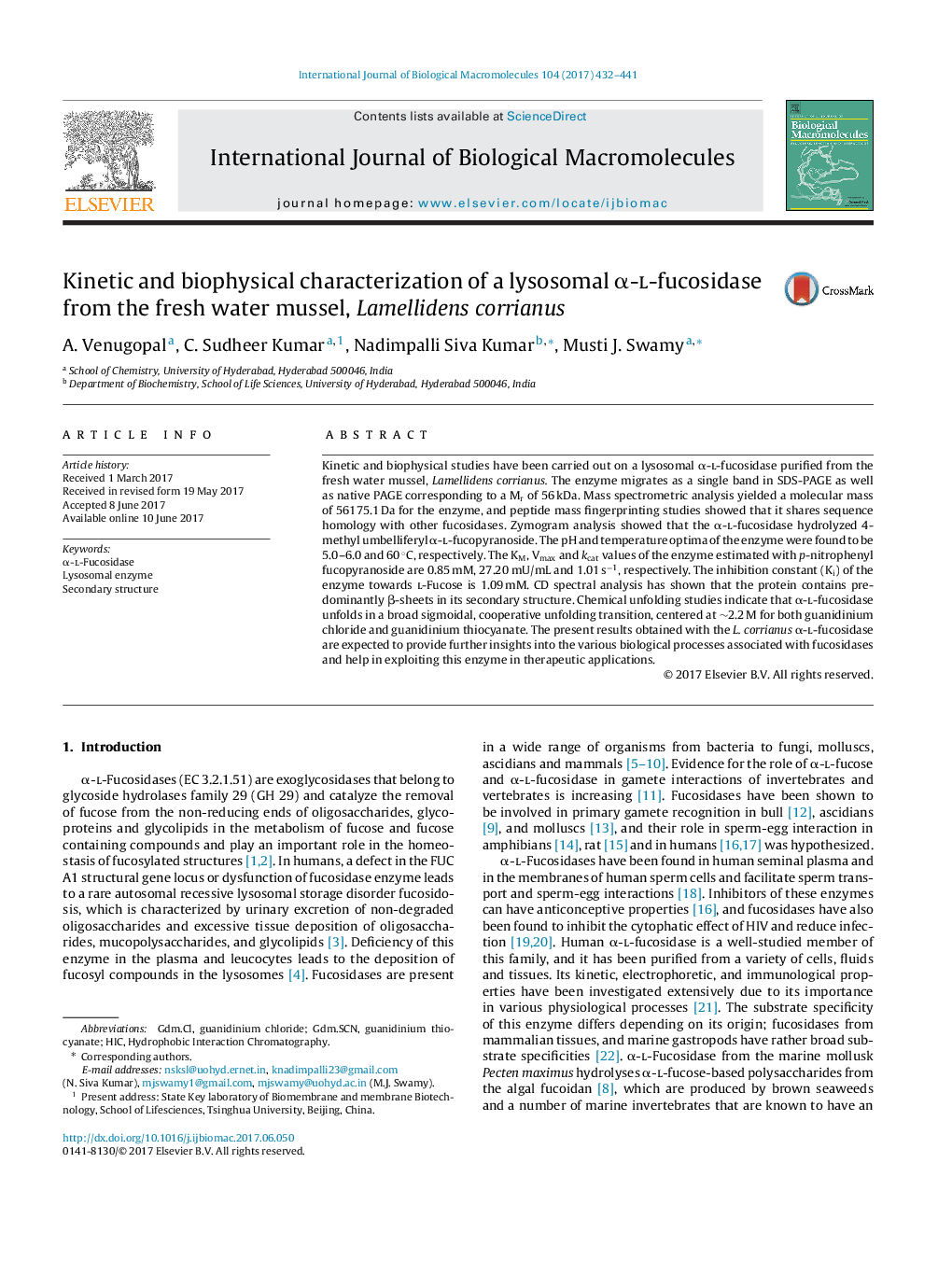 Kinetic and biophysical characterization of a lysosomal Î±-l-fucosidase from the fresh water mussel, Lamellidens corrianus