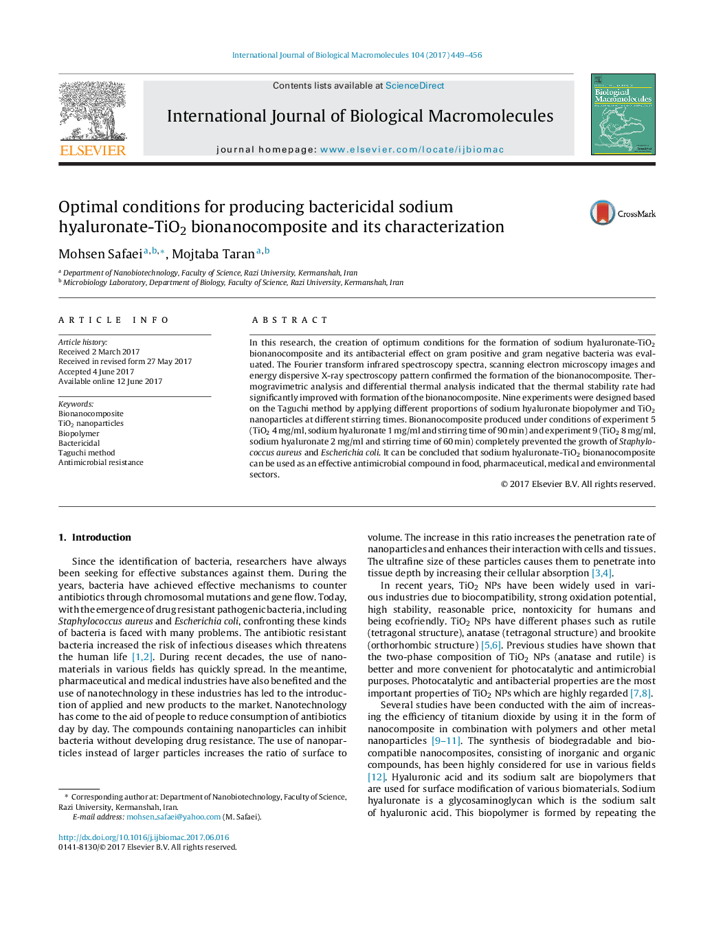 Optimal conditions for producing bactericidal sodium hyaluronate-TiO2 bionanocomposite and its characterization