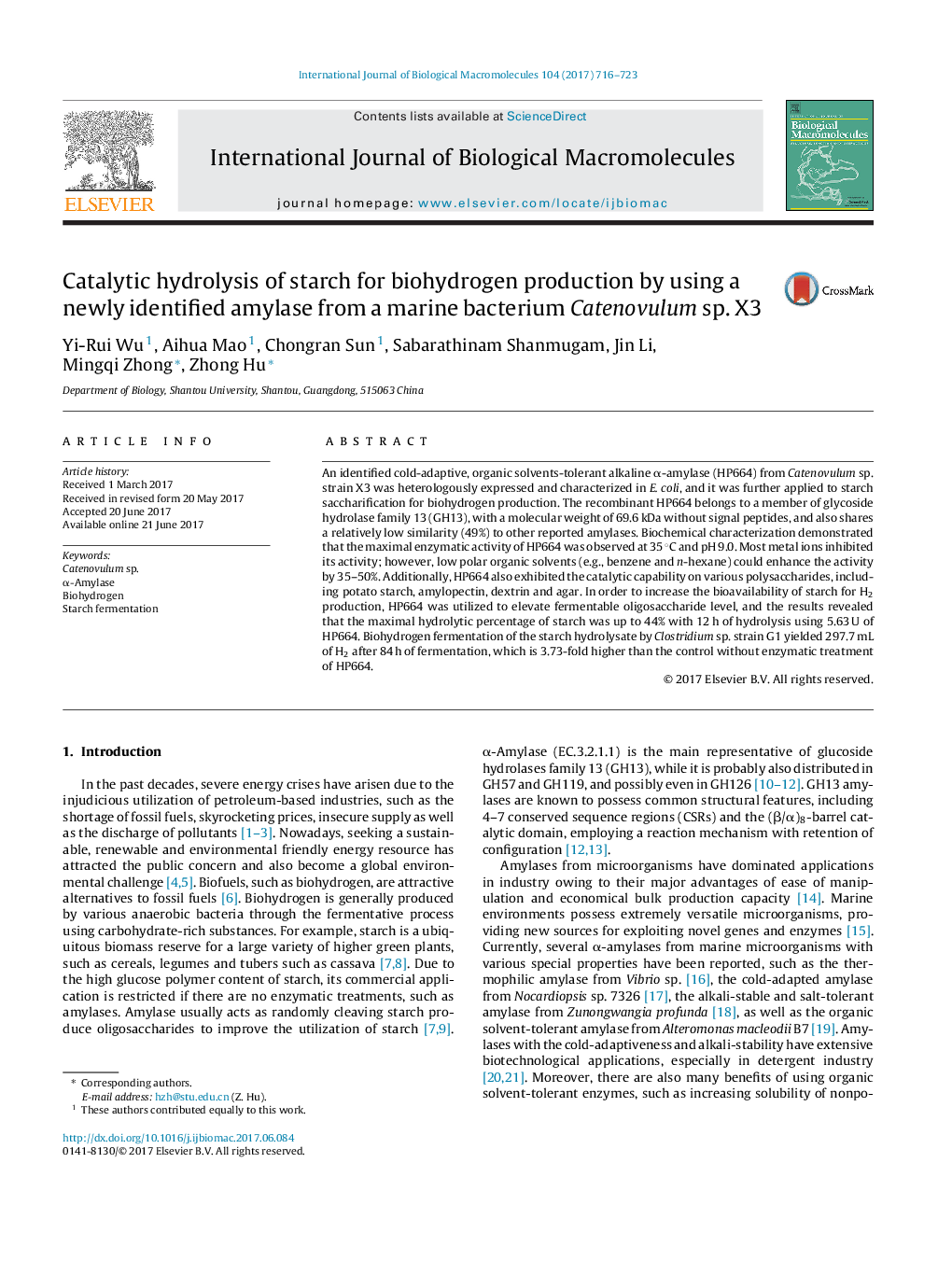 Catalytic hydrolysis of starch for biohydrogen production by using a newly identified amylase from a marine bacterium Catenovulum sp. X3