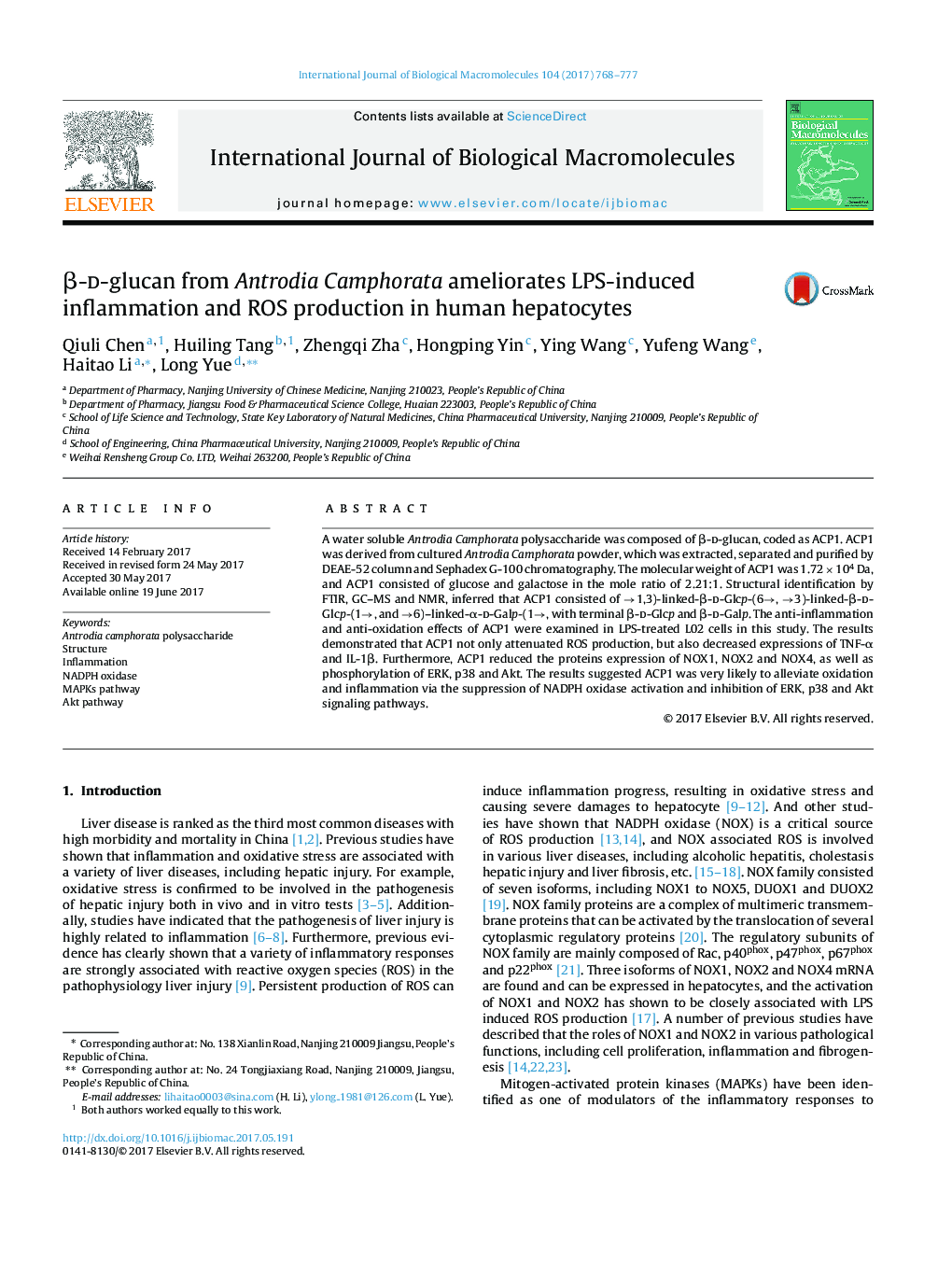 Î²-d-glucan from Antrodia Camphorata ameliorates LPS-induced inflammation and ROS production in human hepatocytes