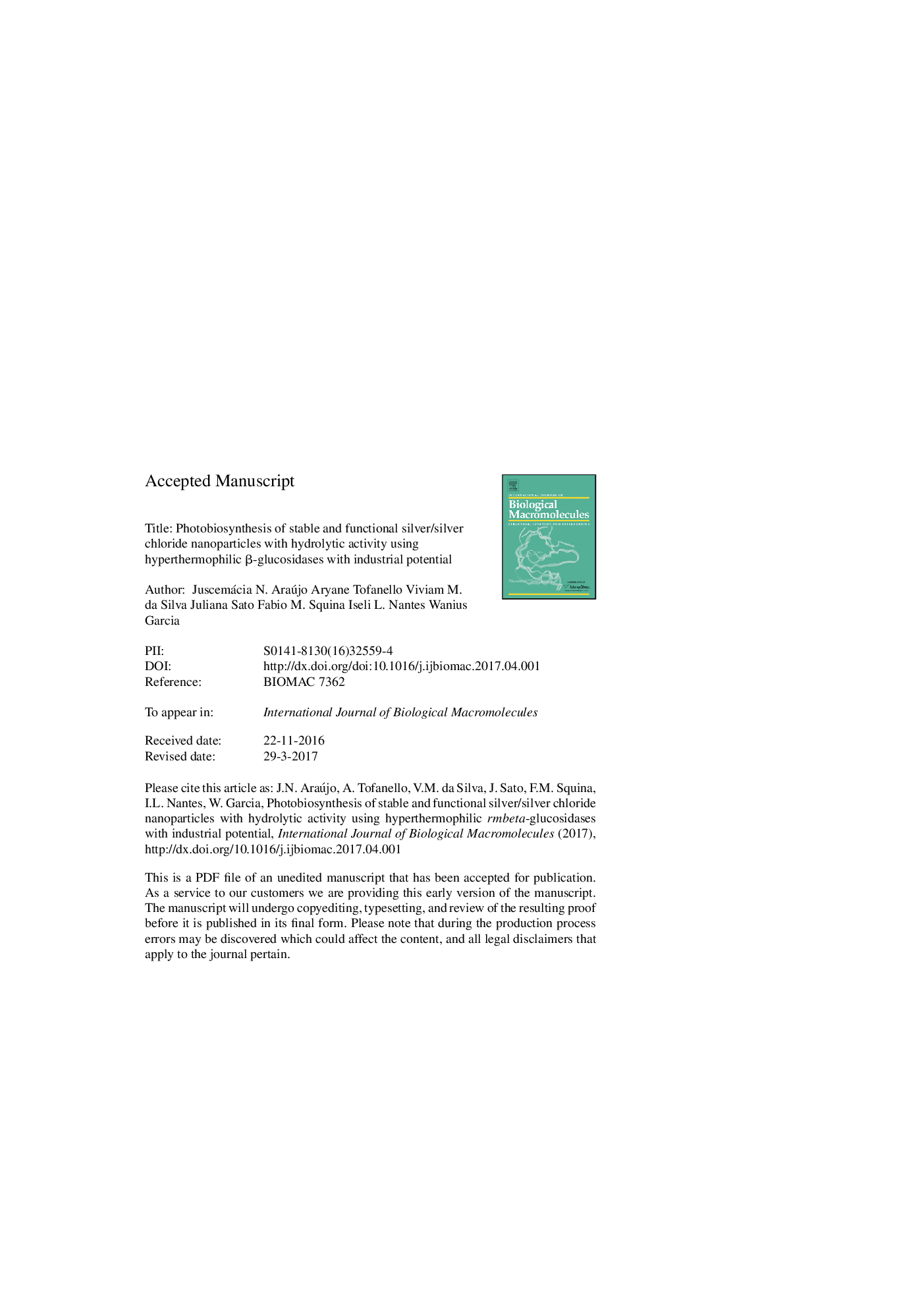 عکس صفحه اول مقاله: Photobiosynthesis of stable and functional silver/silver chloride nanoparticles with hydrolytic activity using hyperthermophilic β-glucosidases with industrial potential Photobiosynthesis of stable and functional silver/silver chloride nanoparticles with hydrolytic activity using hyperthermophilic β-glucosidases with industrial potential