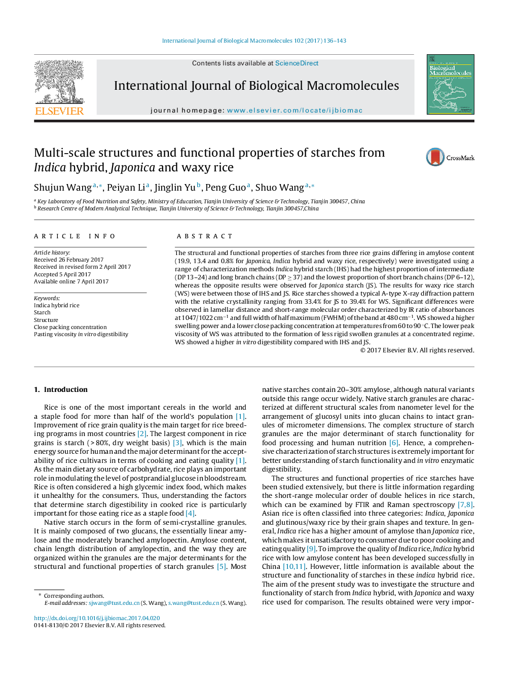 Multi-scale structures and functional properties of starches from Indica hybrid, Japonica and waxy rice