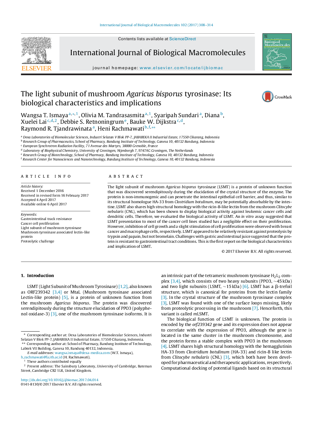 The light subunit of mushroom Agaricus bisporus tyrosinase: Its biological characteristics and implications