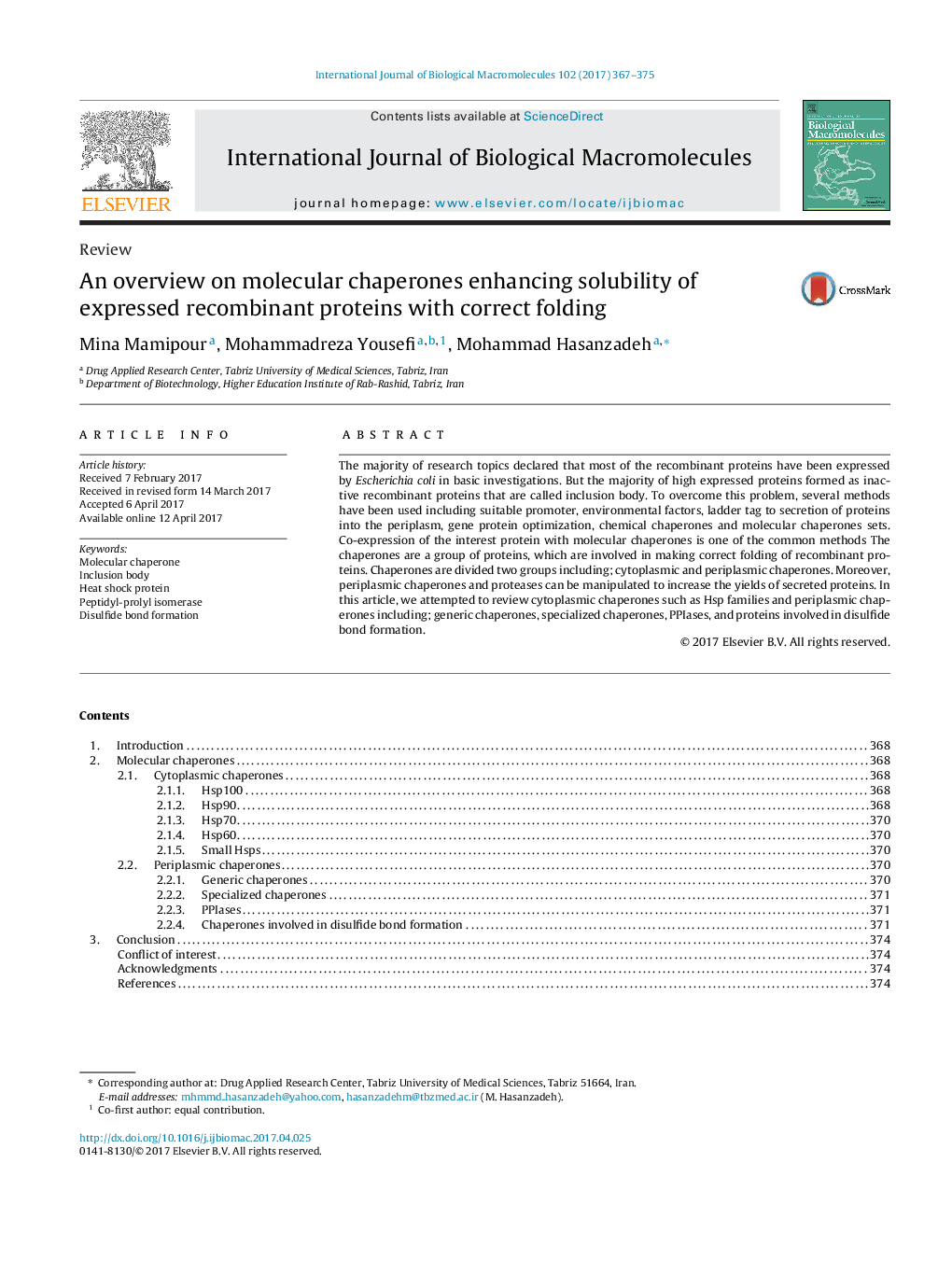 ReviewAn overview on molecular chaperones enhancing solubility of expressed recombinant proteins with correct folding