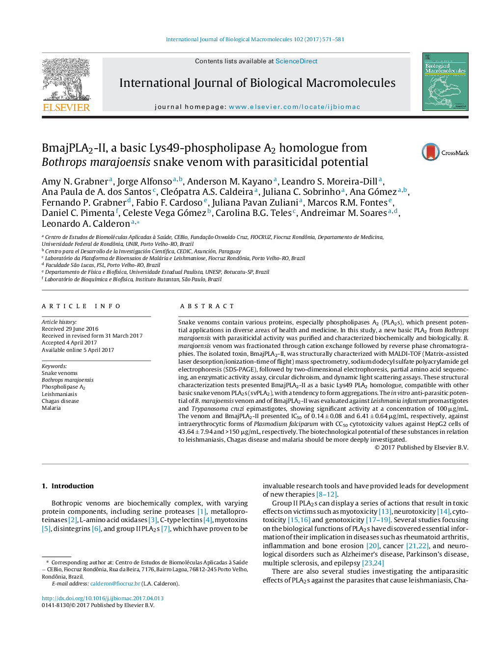 BmajPLA2-II, a basic Lys49-phospholipase A2 homologue from Bothrops marajoensis snake venom with parasiticidal potential