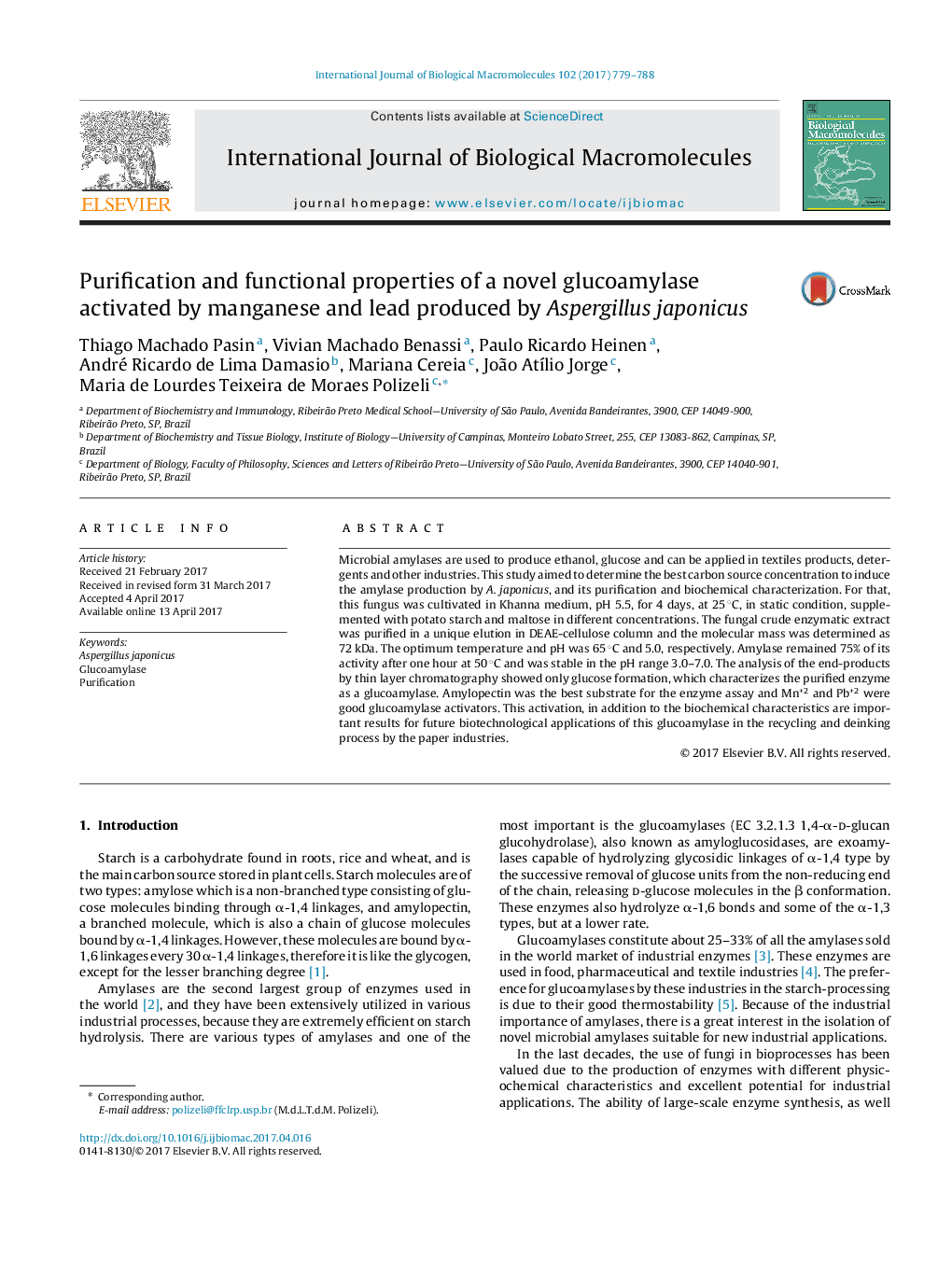 Purification and functional properties of a novel glucoamylase activated by manganese and lead produced by Aspergillus japonicus