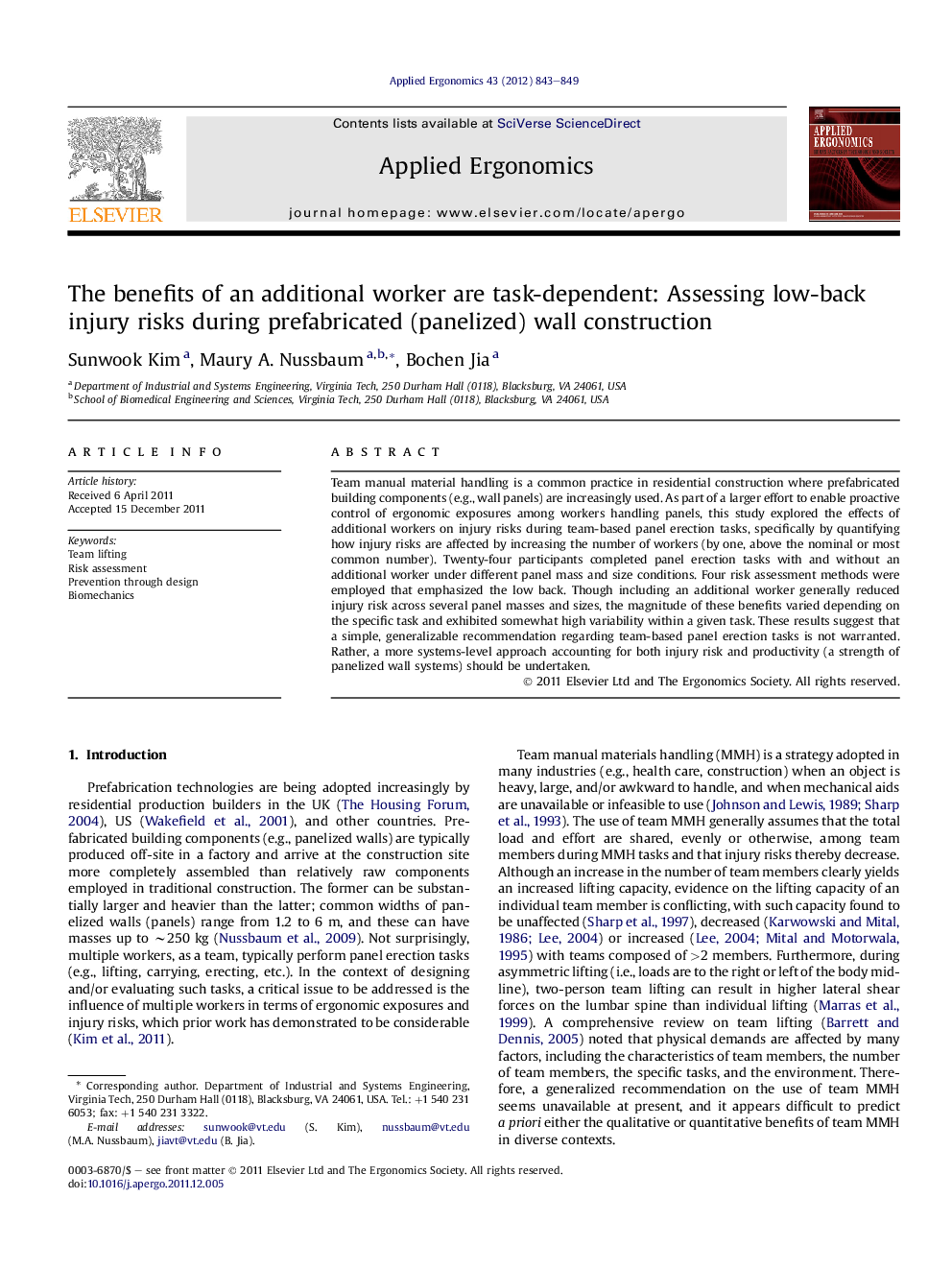 The benefits of an additional worker are task-dependent: Assessing low-back injury risks during prefabricated (panelized) wall construction