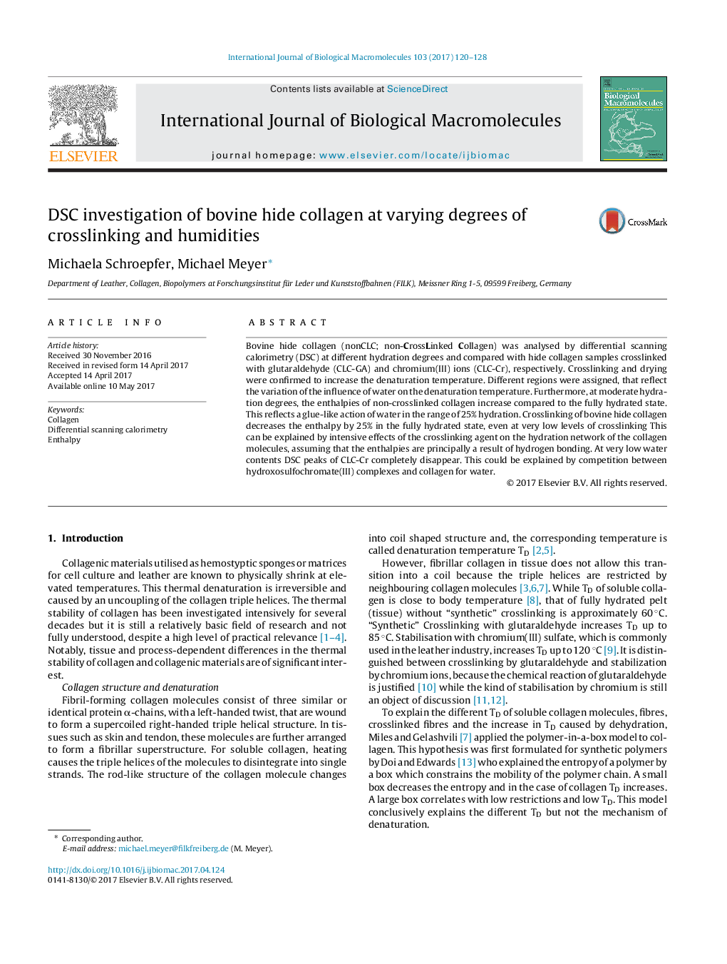 DSC investigation of bovine hide collagen at varying degrees of crosslinking and humidities