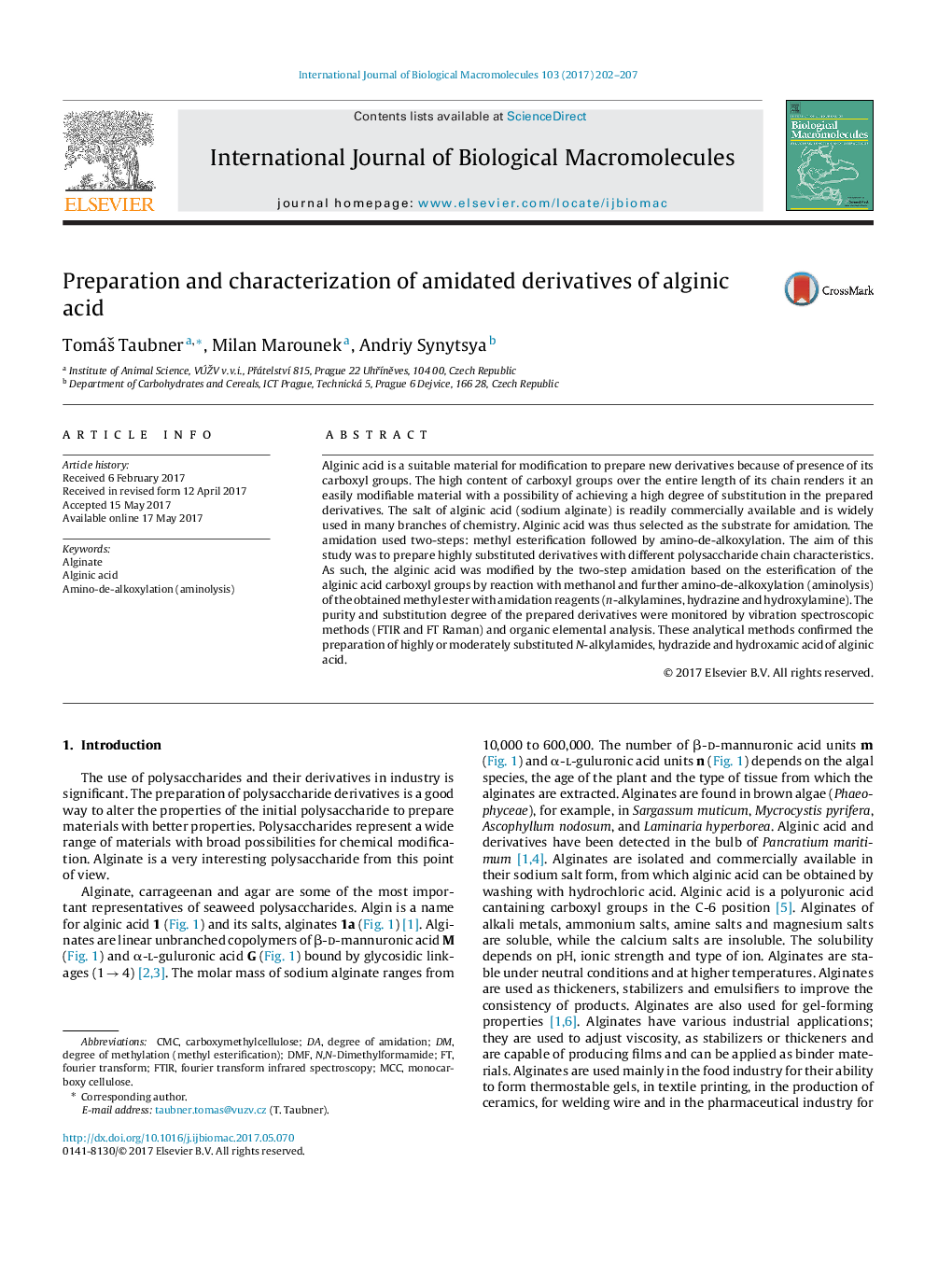 Preparation and characterization of amidated derivatives of alginic acid