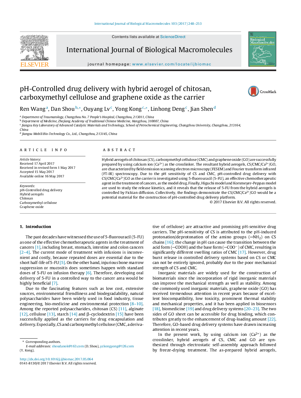 pH-Controlled drug delivery with hybrid aerogel of chitosan, carboxymethyl cellulose and graphene oxide as the carrier