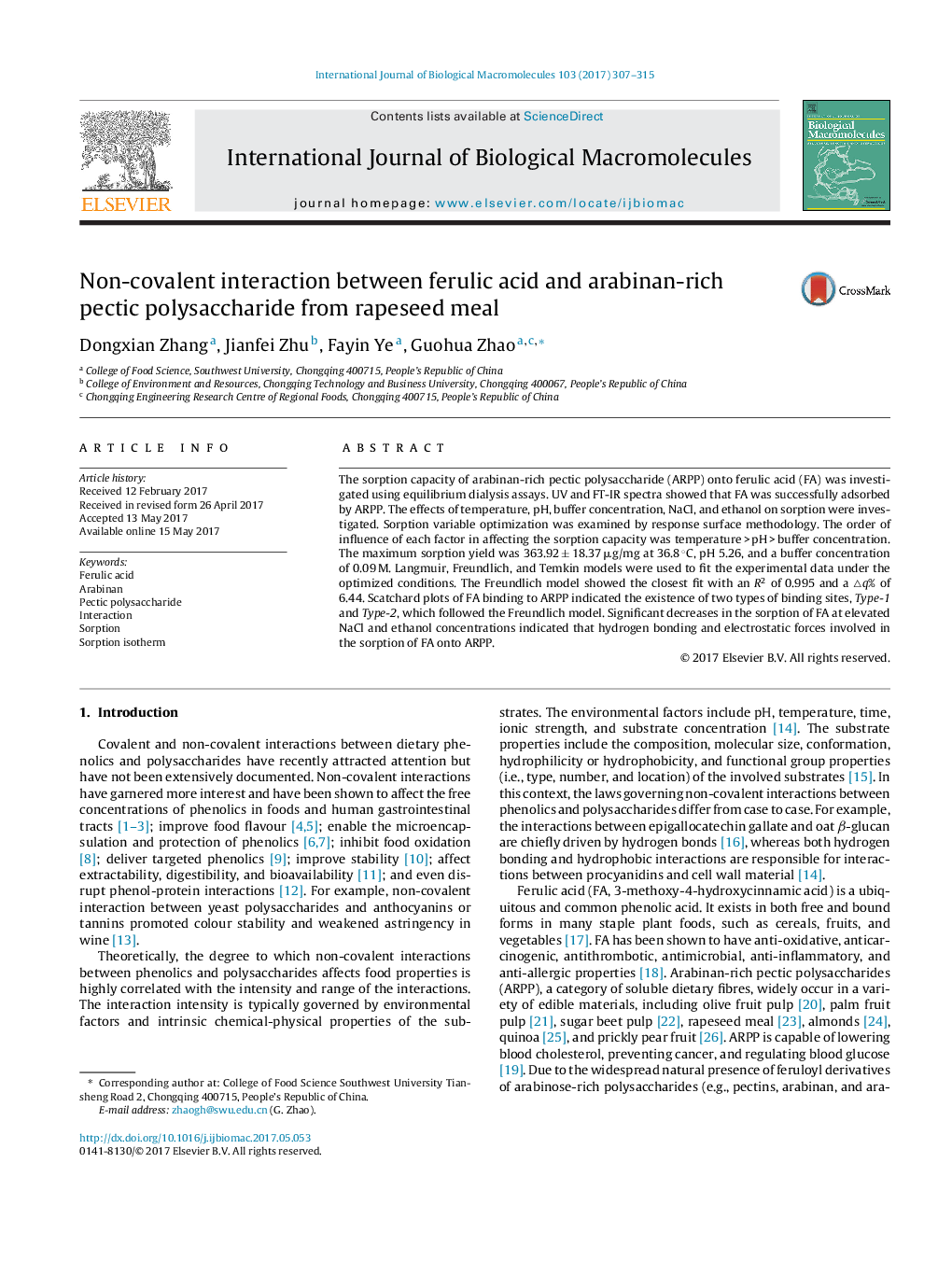 Non-covalent interaction between ferulic acid and arabinan-rich pectic polysaccharide from rapeseed meal