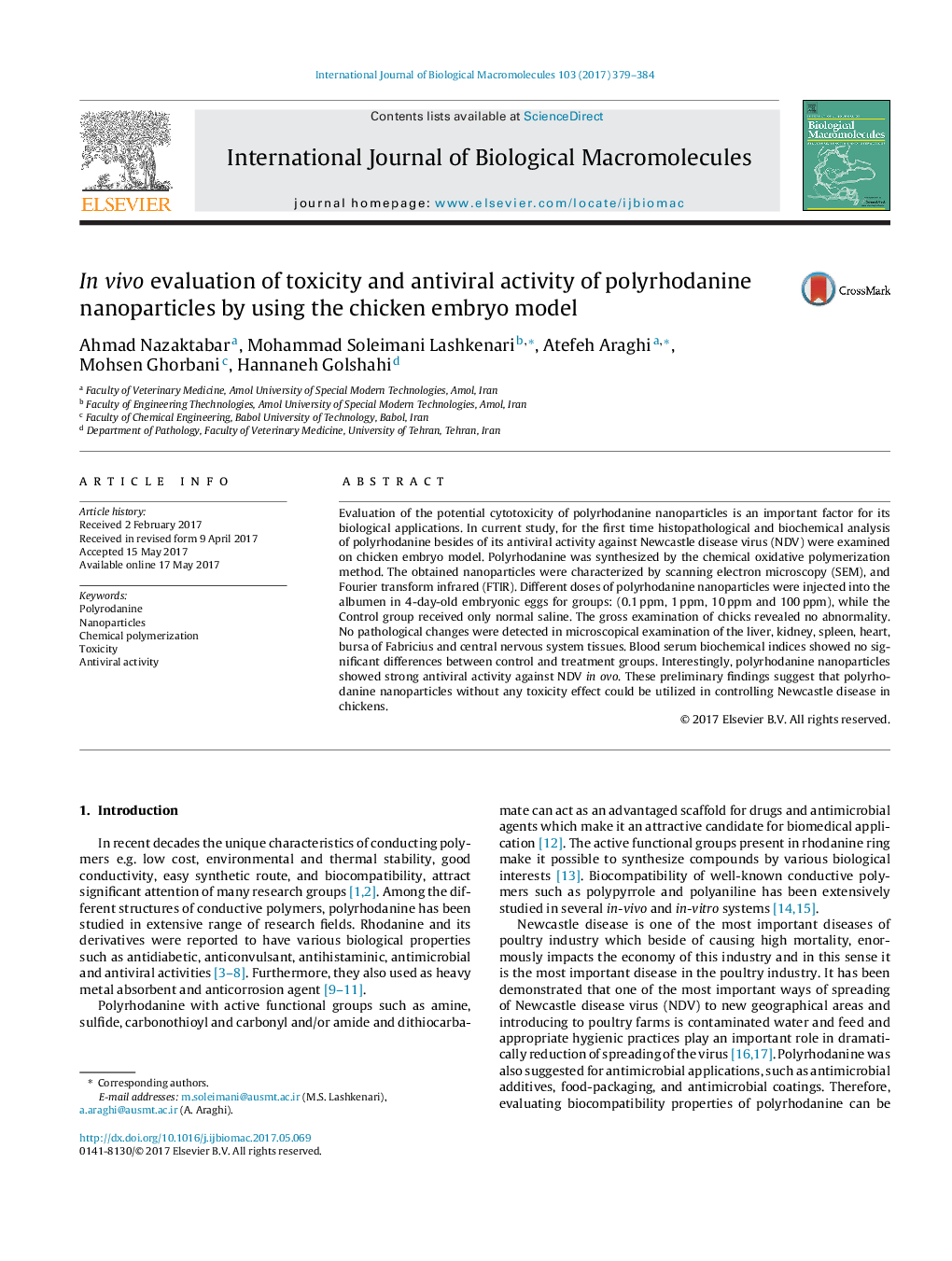 In vivo evaluation of toxicity and antiviral activity of polyrhodanine nanoparticles by using the chicken embryo model