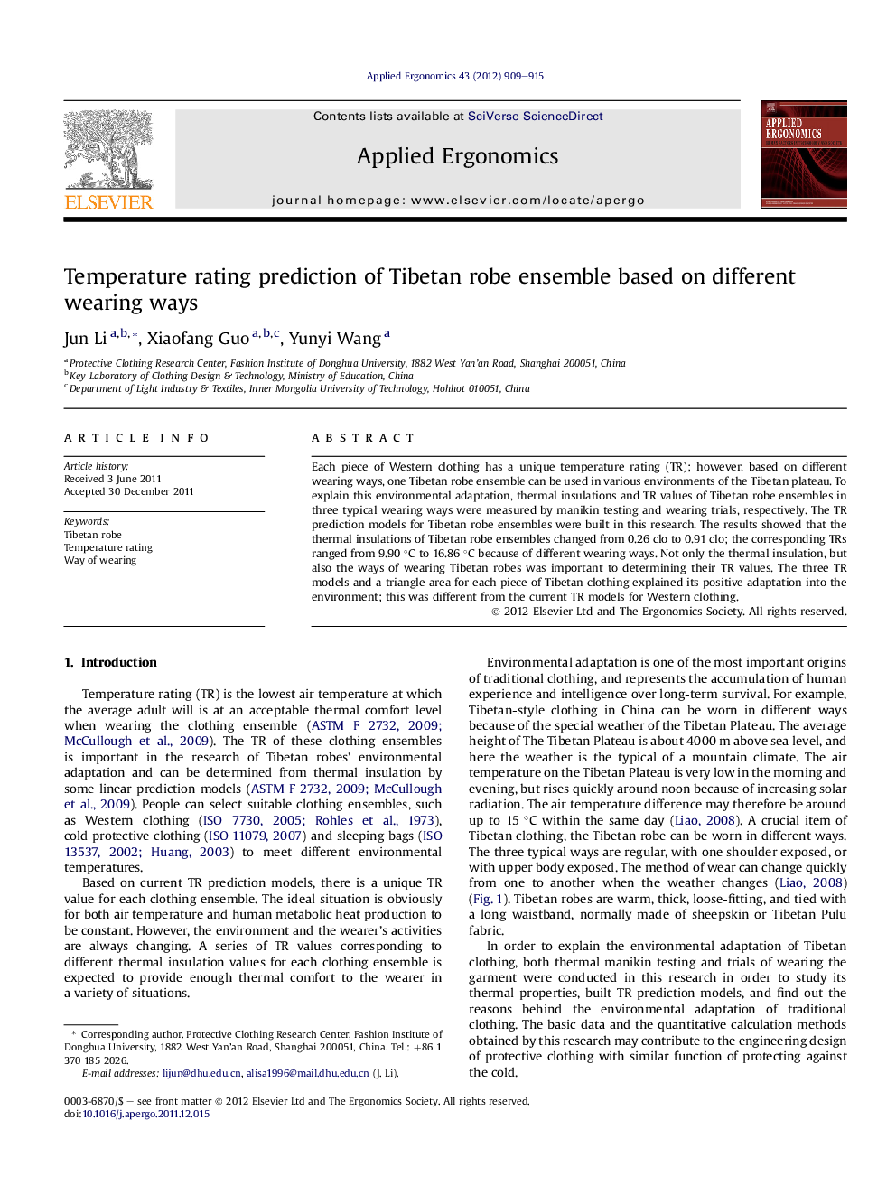 Temperature rating prediction of Tibetan robe ensemble based on different wearing ways