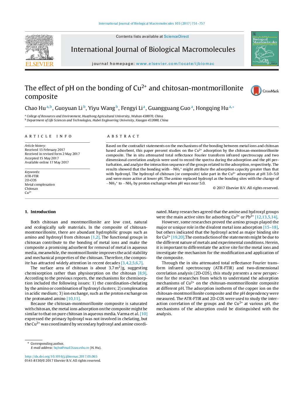 The effect of pH on the bonding of Cu2+ and chitosan-montmorillonite composite