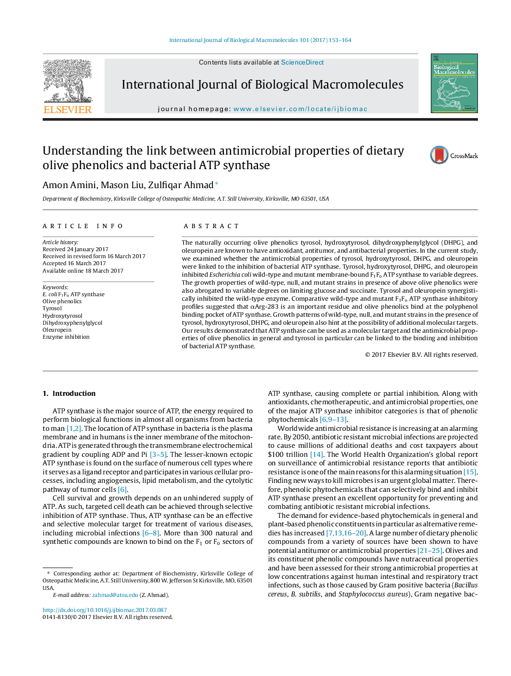 Understanding the link between antimicrobial properties of dietary olive phenolics and bacterial ATP synthase