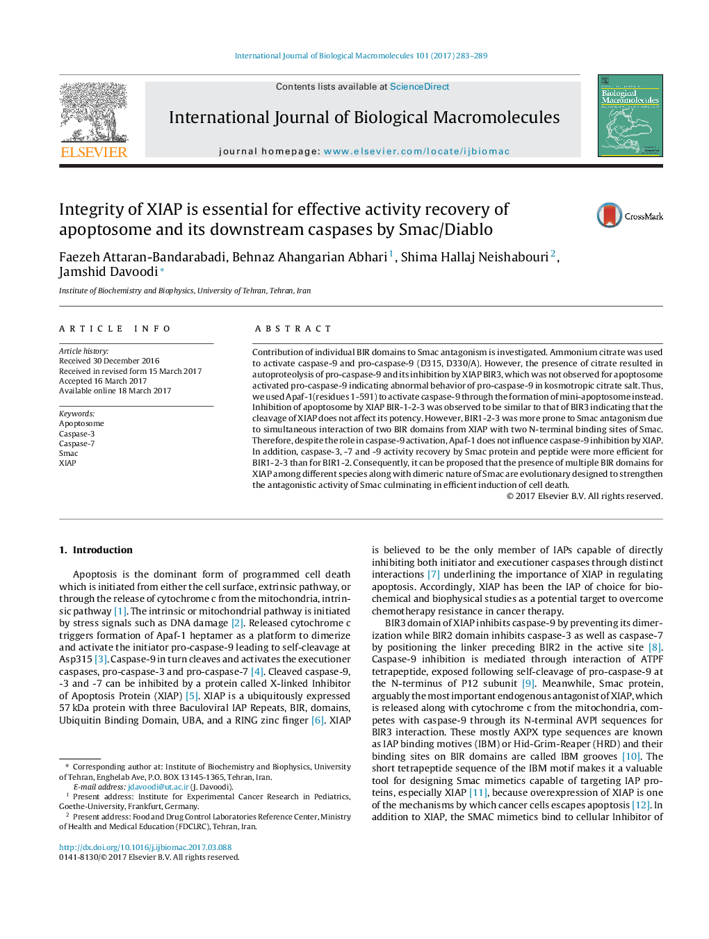 Integrity of XIAP is essential for effective activity recovery of apoptosome and its downstream caspases by Smac/Diablo