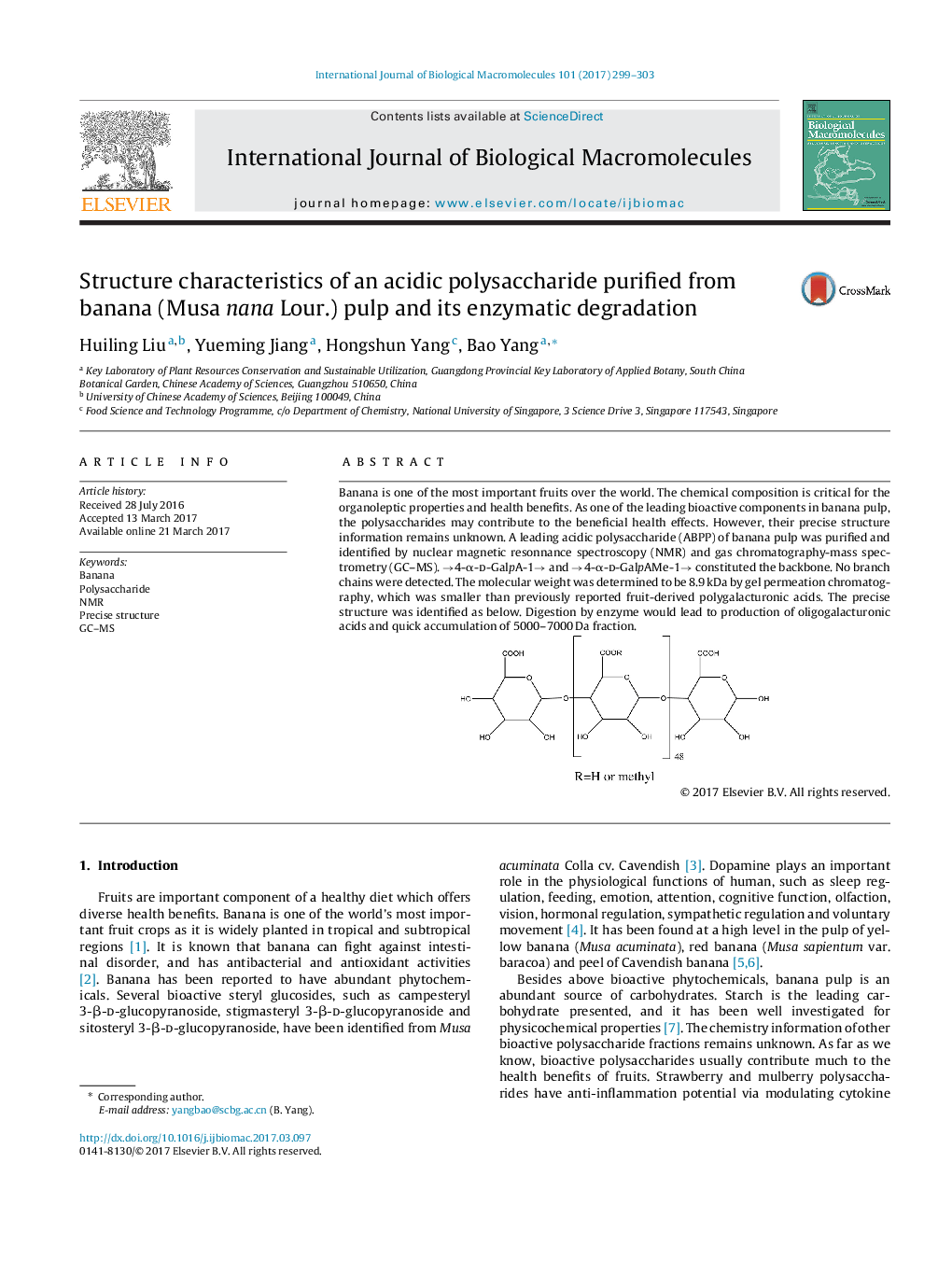 Structure characteristics of an acidic polysaccharide purified from banana (Musa nana Lour.) pulp and its enzymatic degradation