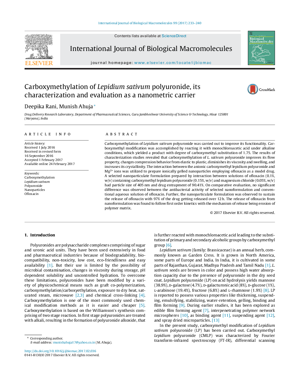 Carboxymethylation of Lepidium sativum polyuronide, its characterization and evaluation as a nanometric carrier