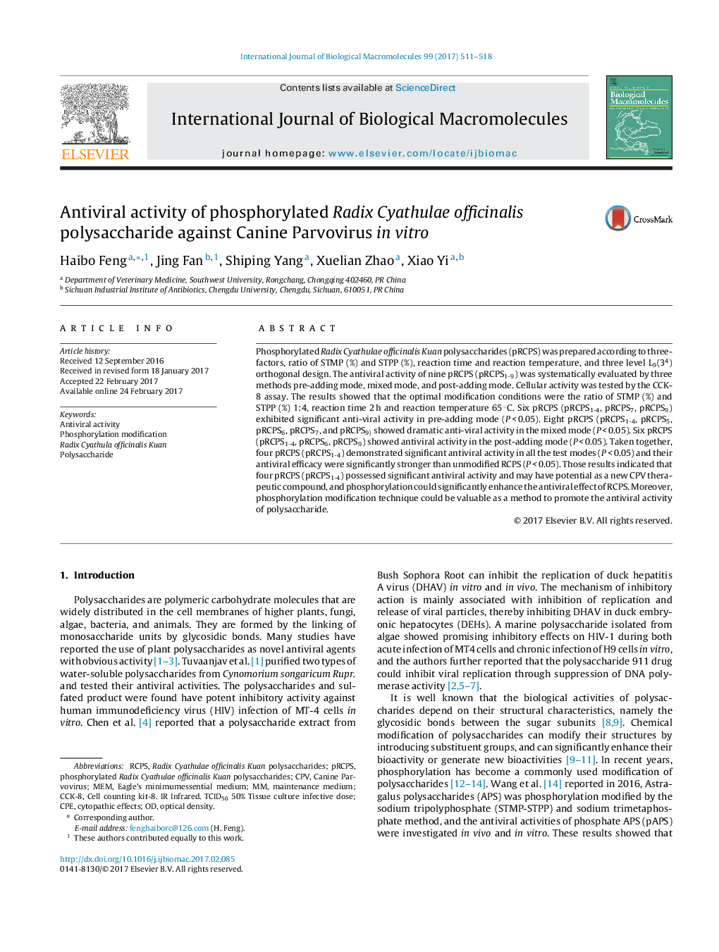 Antiviral activity of phosphorylated Radix Cyathulae officinalis polysaccharide against Canine Parvovirus in vitro