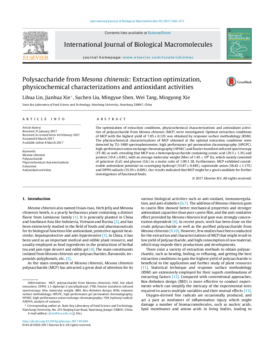 Polysaccharide from Mesona chinensis: Extraction optimization, physicochemical characterizations and antioxidant activities