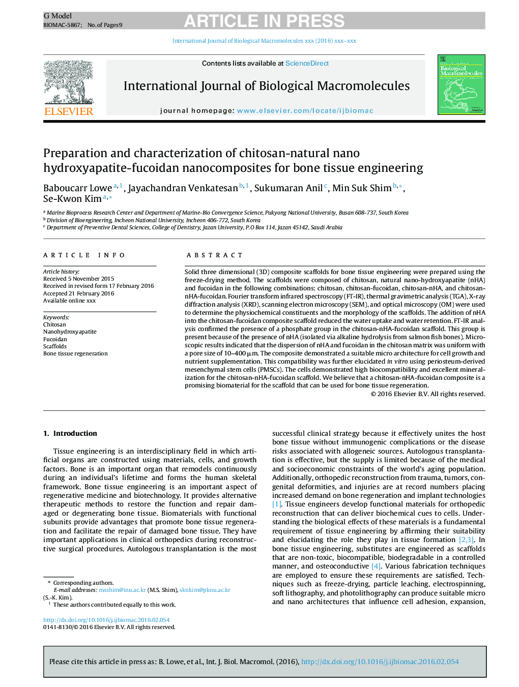 Preparation and characterization of chitosan-natural nano hydroxyapatite-fucoidan nanocomposites for bone tissue engineering