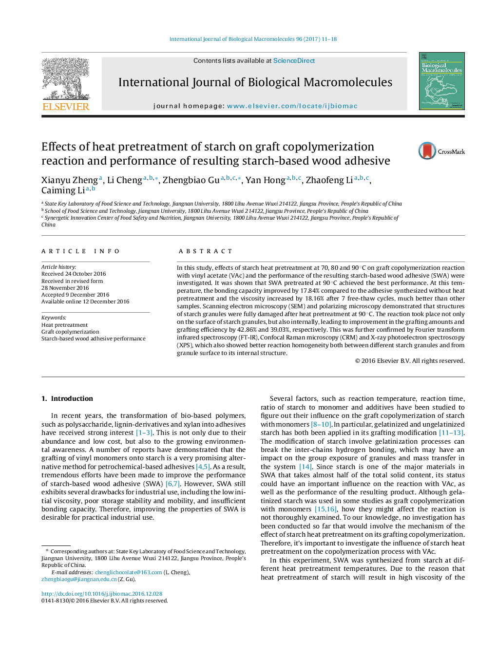 Effects of heat pretreatment of starch on graft copolymerization reaction and performance of resulting starch-based wood adhesive