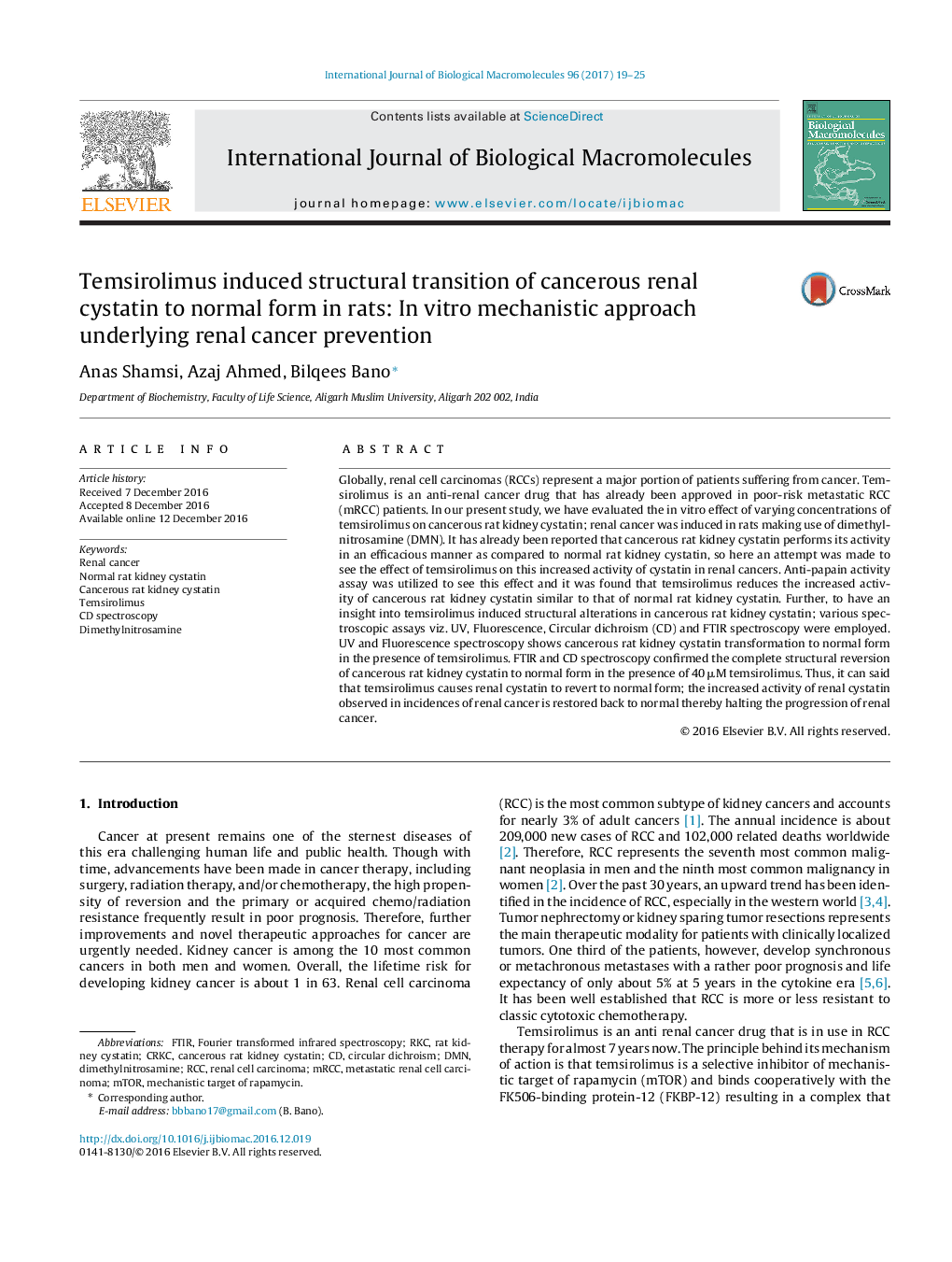 Temsirolimus induced structural transition of cancerous renal cystatin to normal form in rats: In vitro mechanistic approach underlying renal cancer prevention