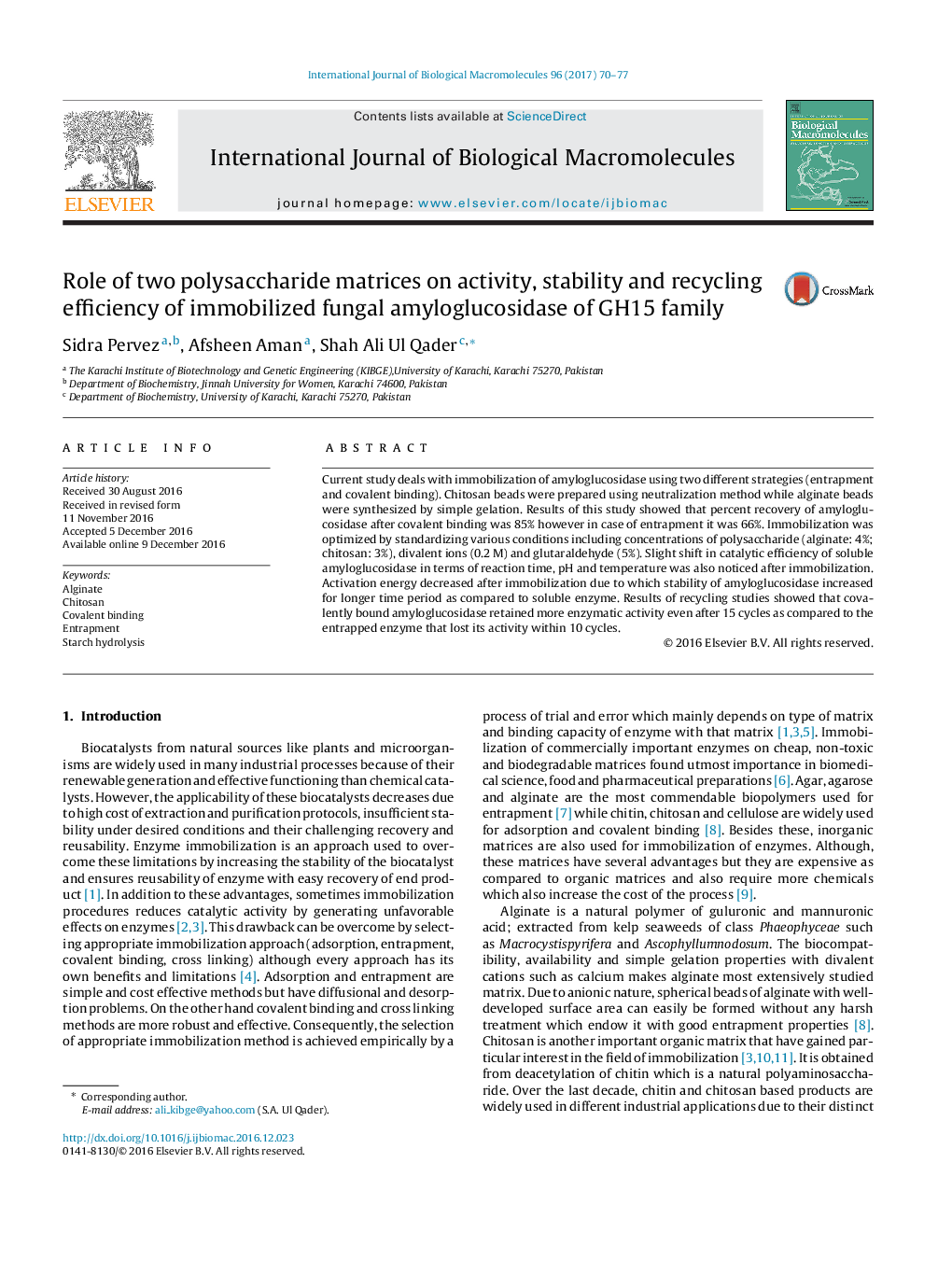 Role of two polysaccharide matrices on activity, stability and recycling efficiency of immobilized fungal amyloglucosidase of GH15 family