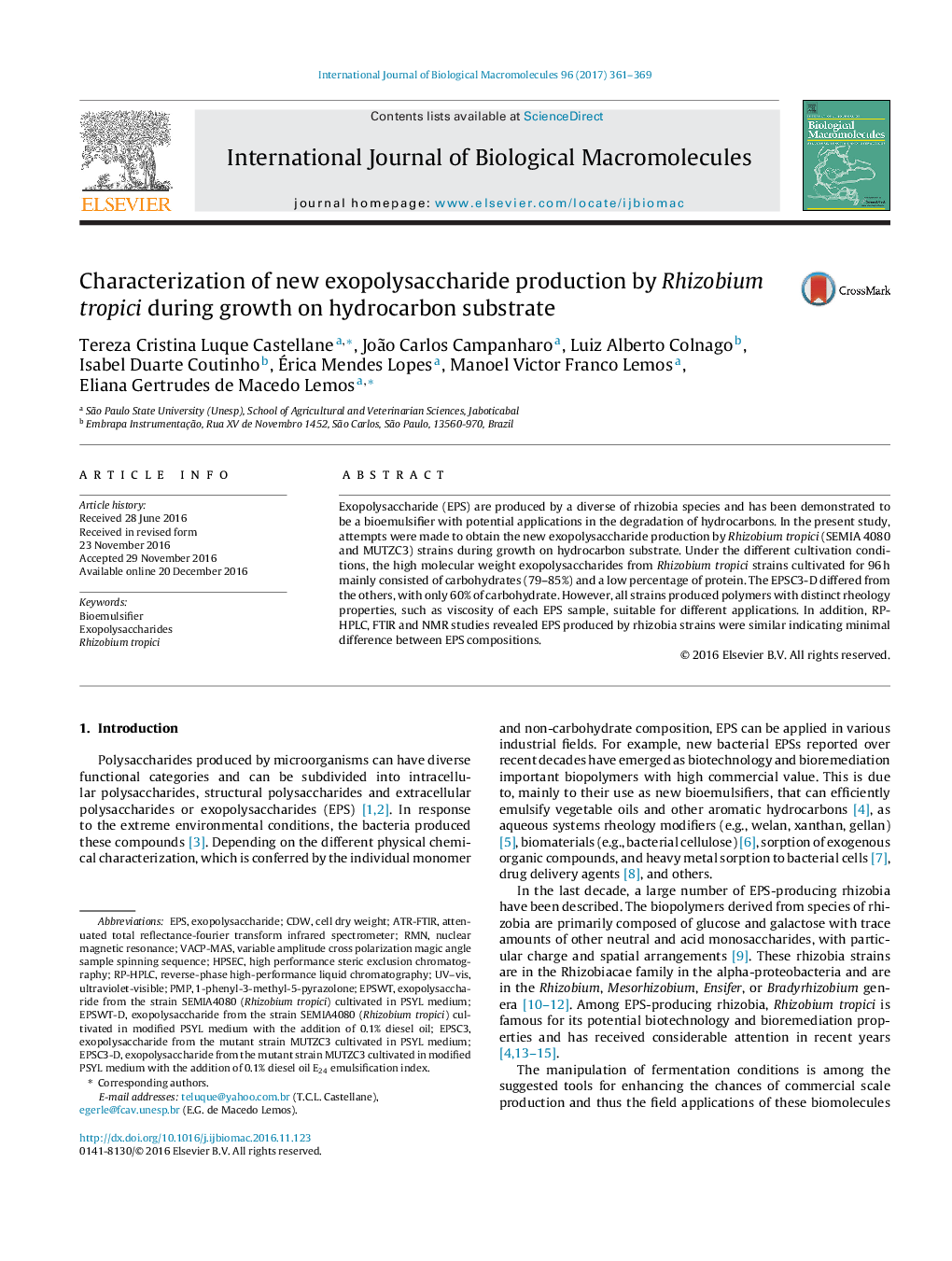 Characterization of new exopolysaccharide production by Rhizobium tropici during growth on hydrocarbon substrate