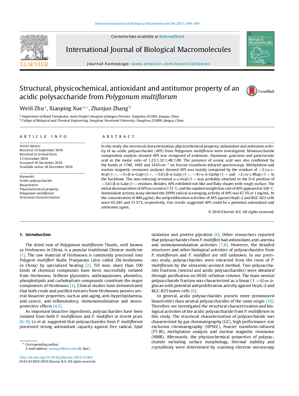 Structural, physicochemical, antioxidant and antitumor property of an acidic polysaccharide from Polygonum multiflorum